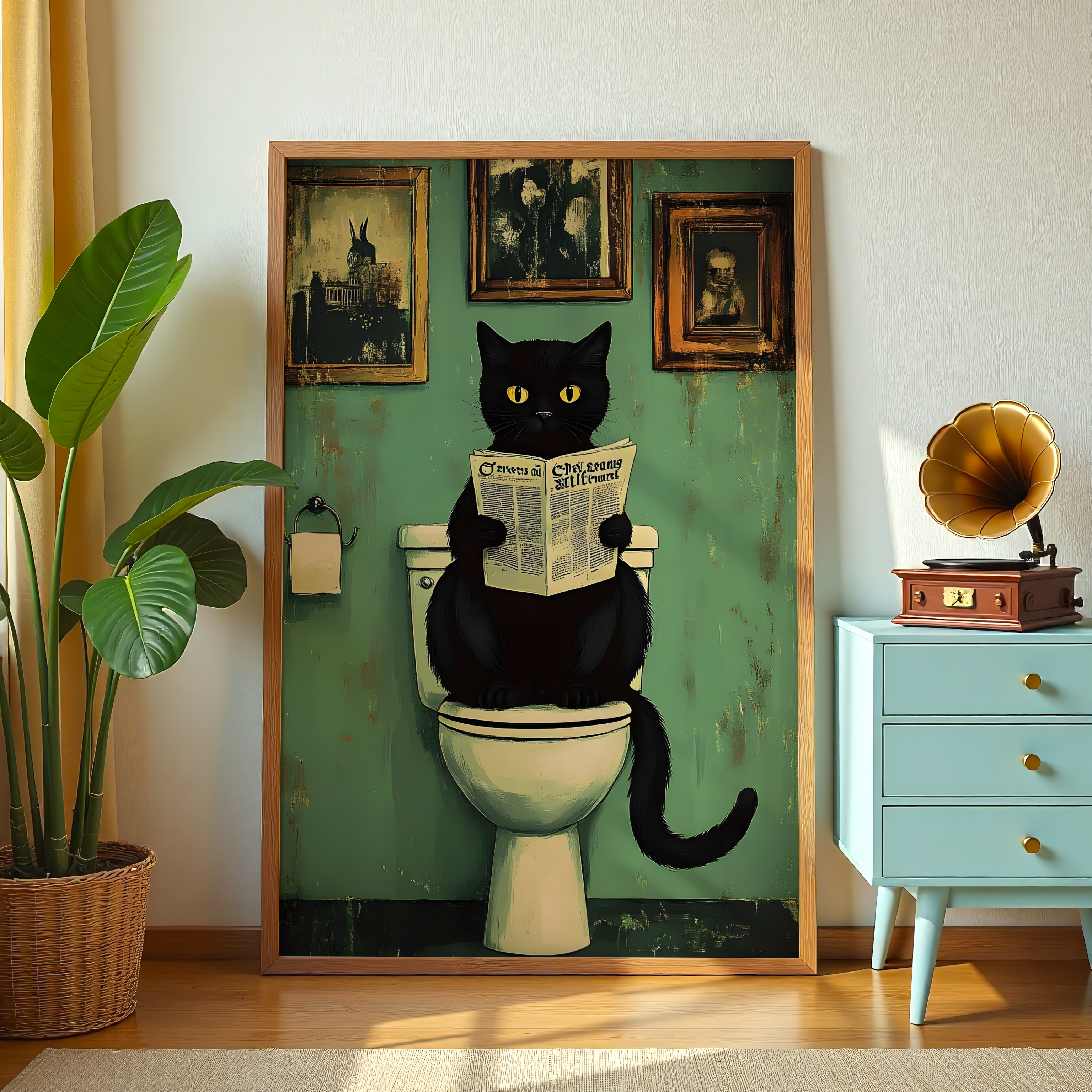 Quirky black cat illustration wall art with humorous theme