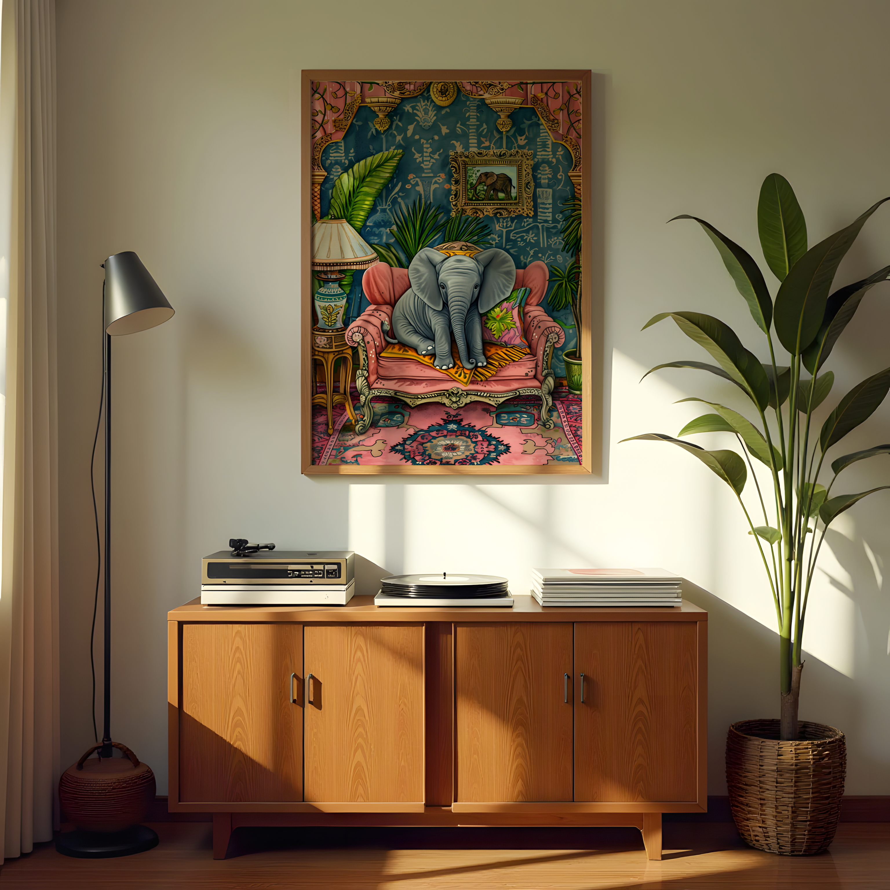Quirky elephant artwork for living room wall décor