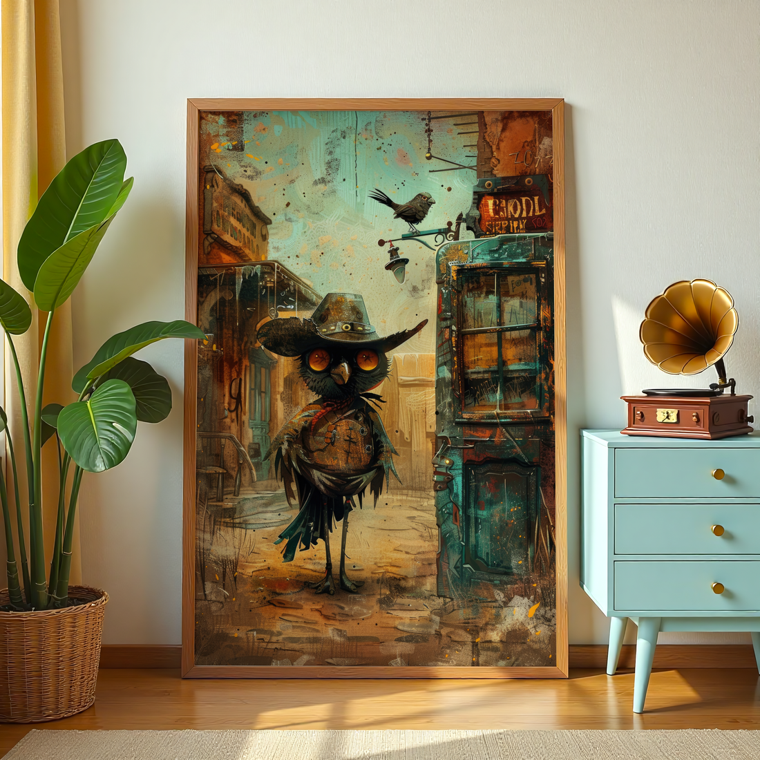 Quirky owl western poster style wall decor with cowboy hat character