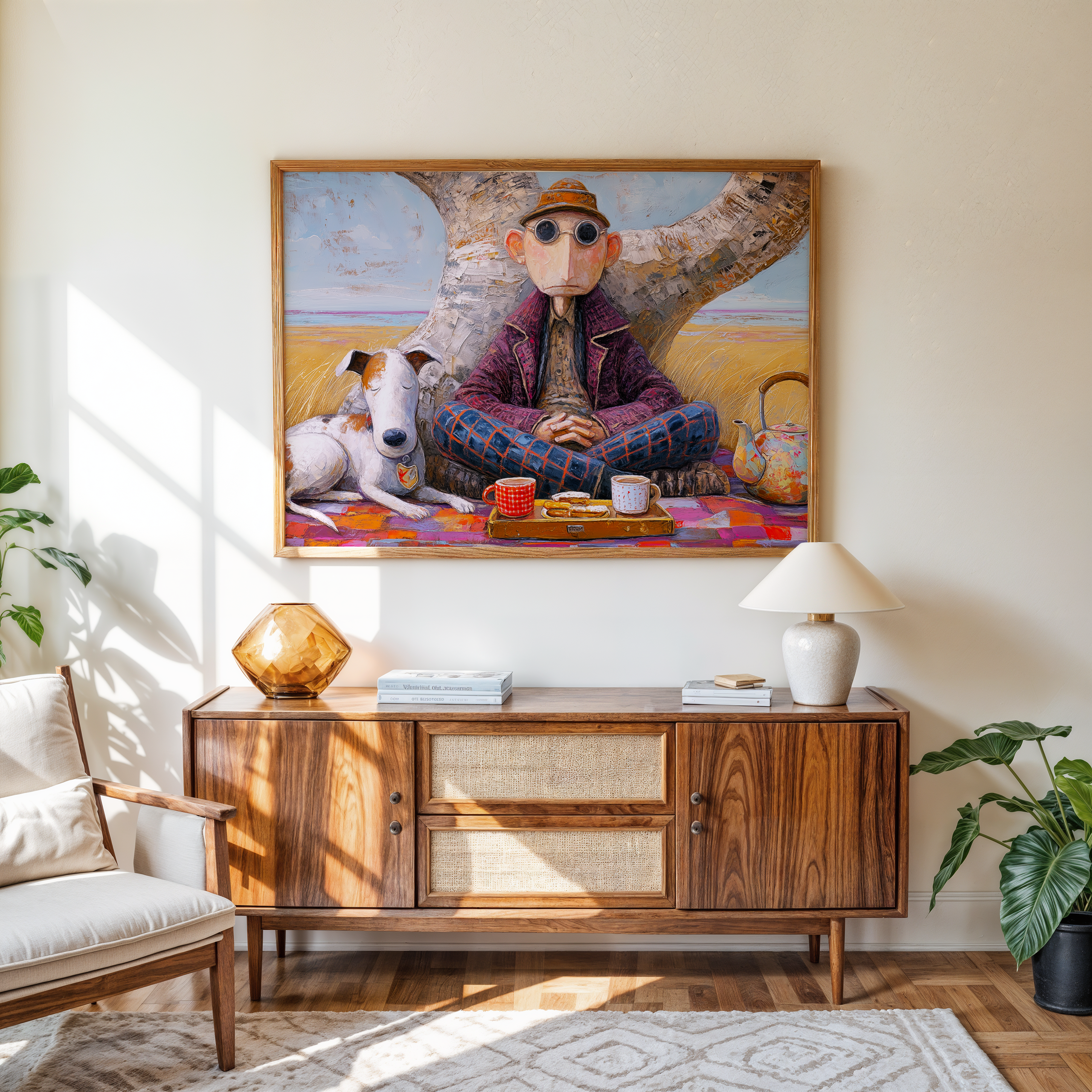 Living room with a wooden sideboard, lamp, and decorative items, featuring a large framed painting on the wall.