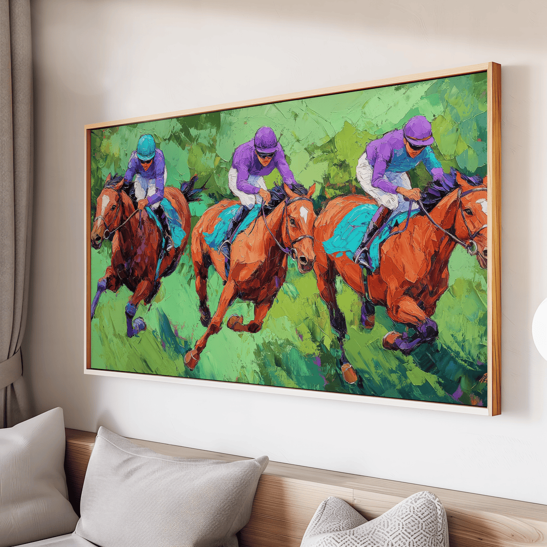 Dynamic horse racing canvas wall art featuring powerful racehorses and focused jockeys in modern oil painting style
