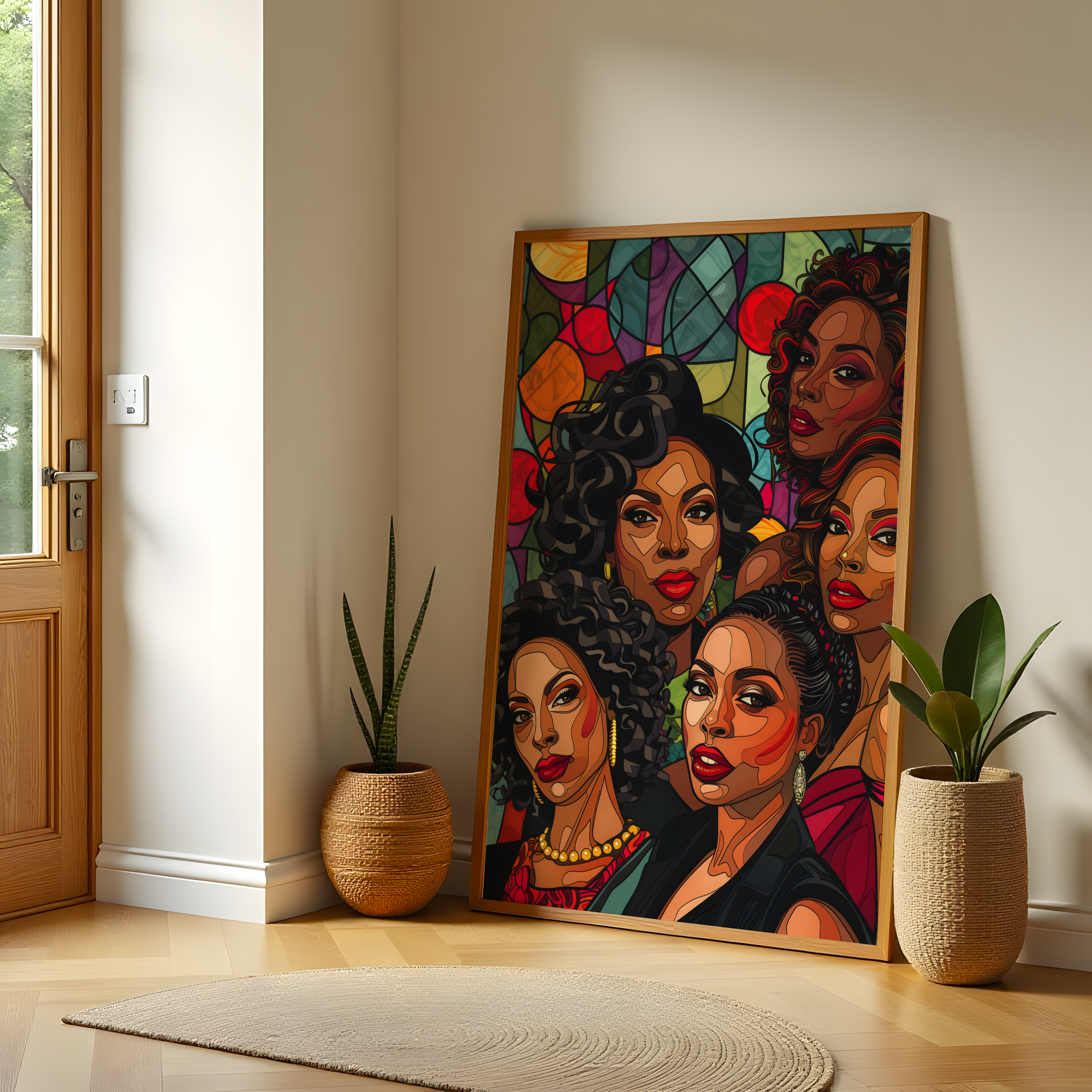 Abstract Afro-Boho wall art featuring powerful Black women with bold colors – perfect for living room or hotel decor.