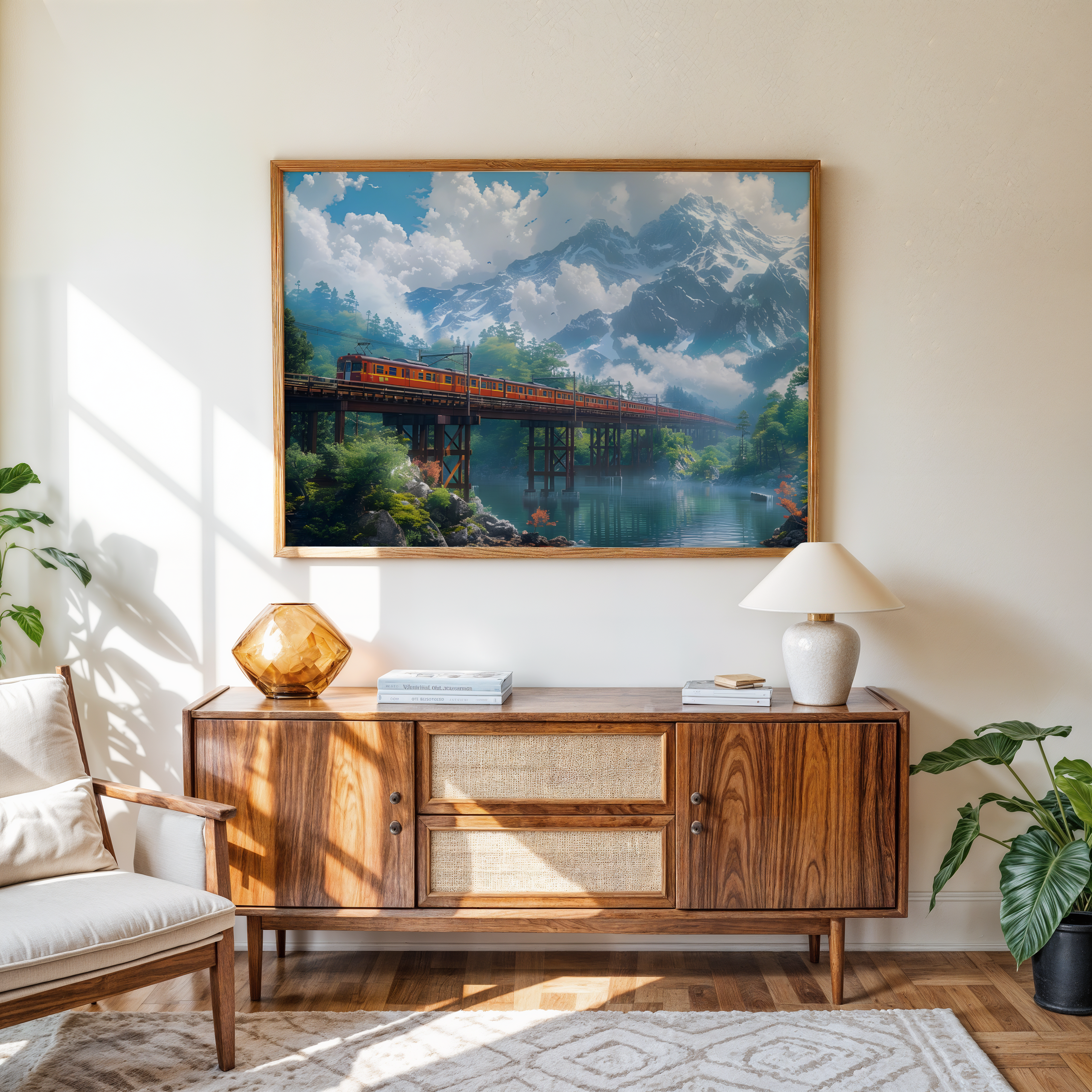 Mountain landscape wall art with train crossing scenic bridge