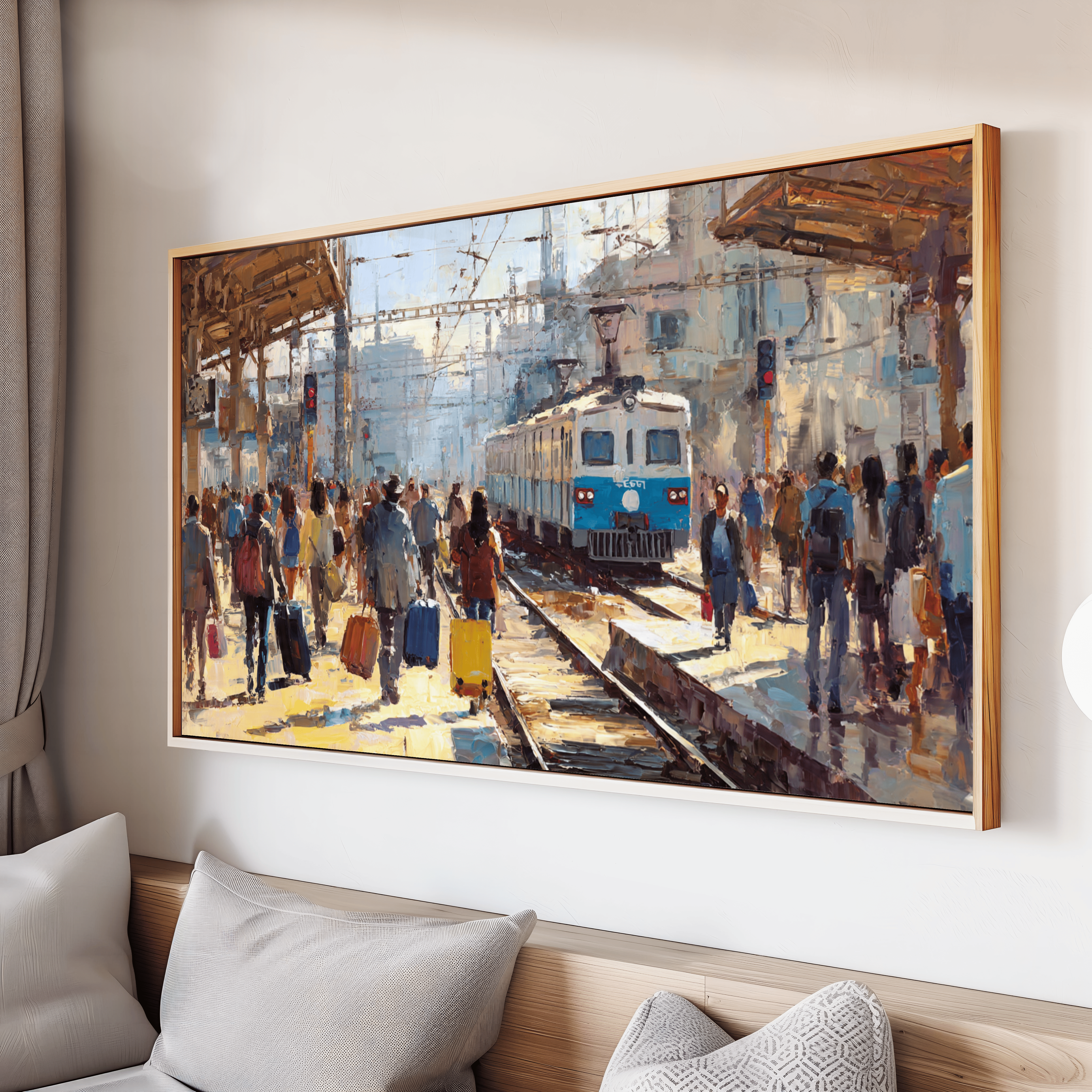 Abstract Railway Station Wall Art – Busy Train Platform Painting with Travelers