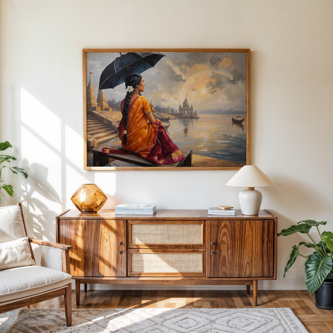 Rain at Ganga Ghat wall painting – Indian monsoon artwork