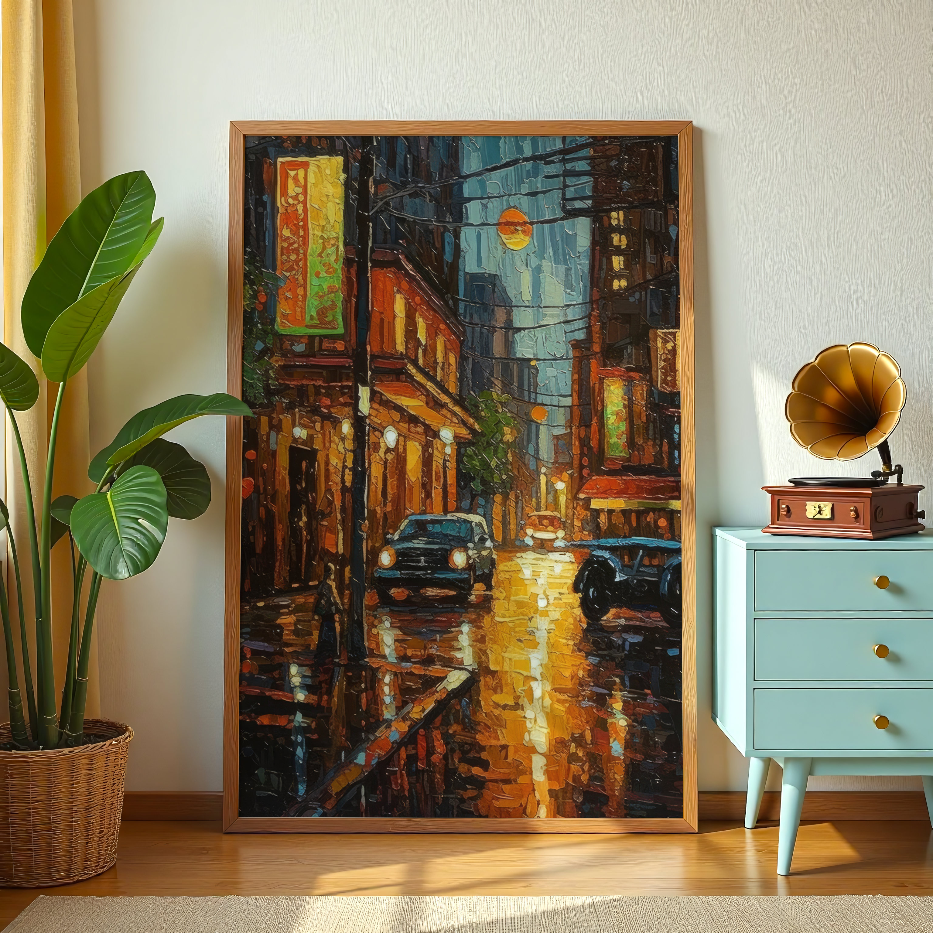 Urban rainy evening painting with glowing lights and buildings