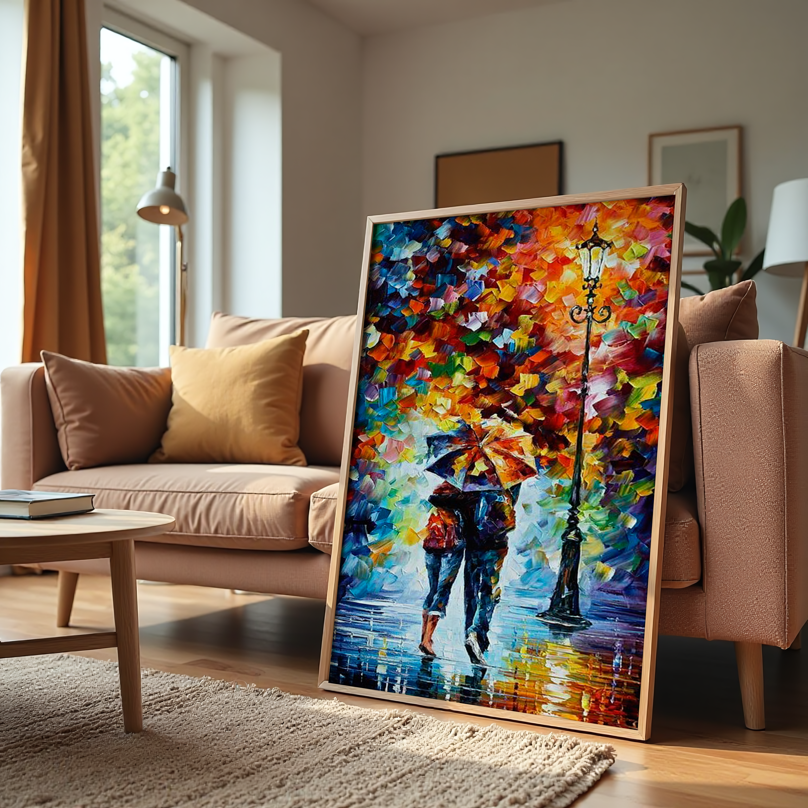 romantic abstract painting of couple walking with umbrella in rain