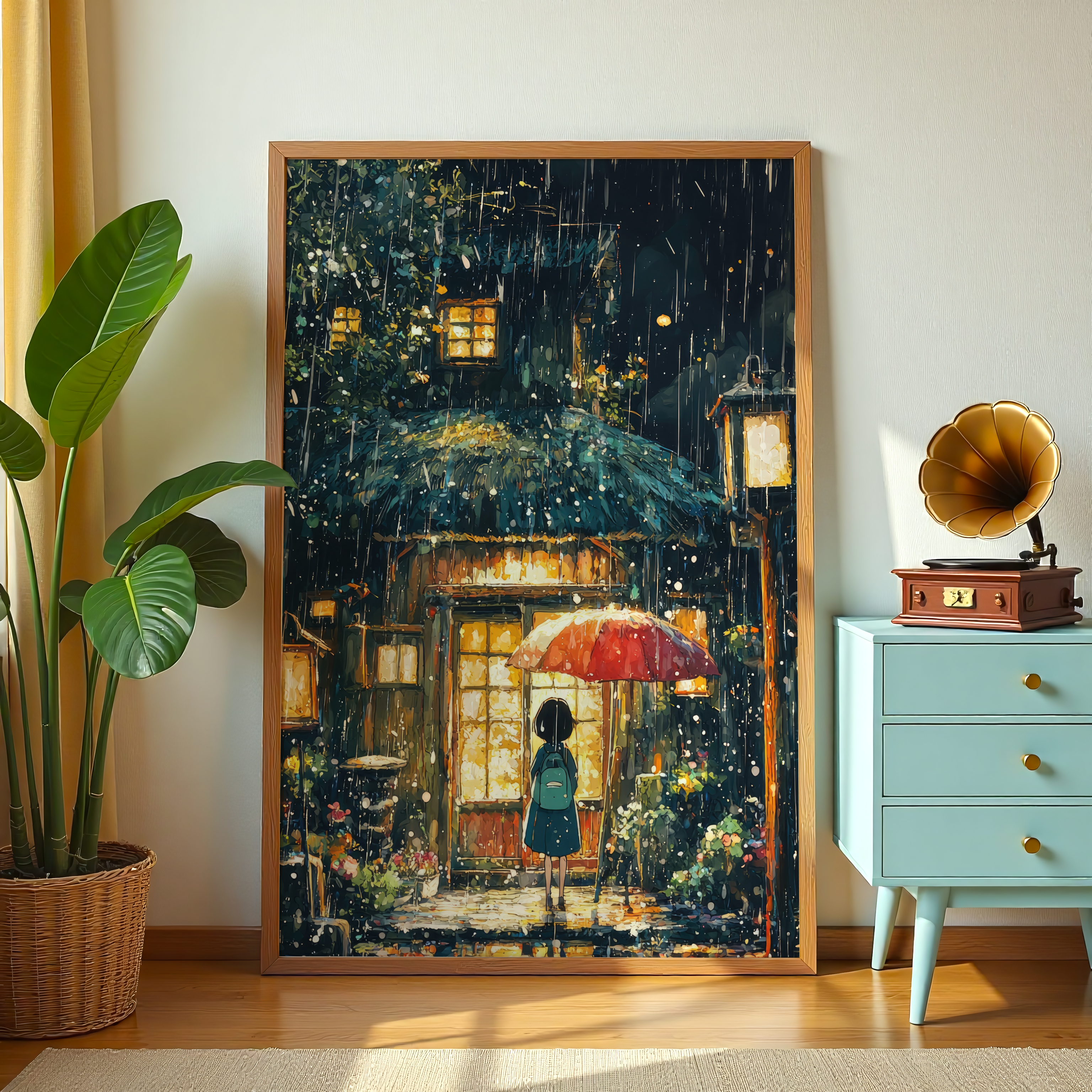 Girl with red umbrella standing outside house in rain