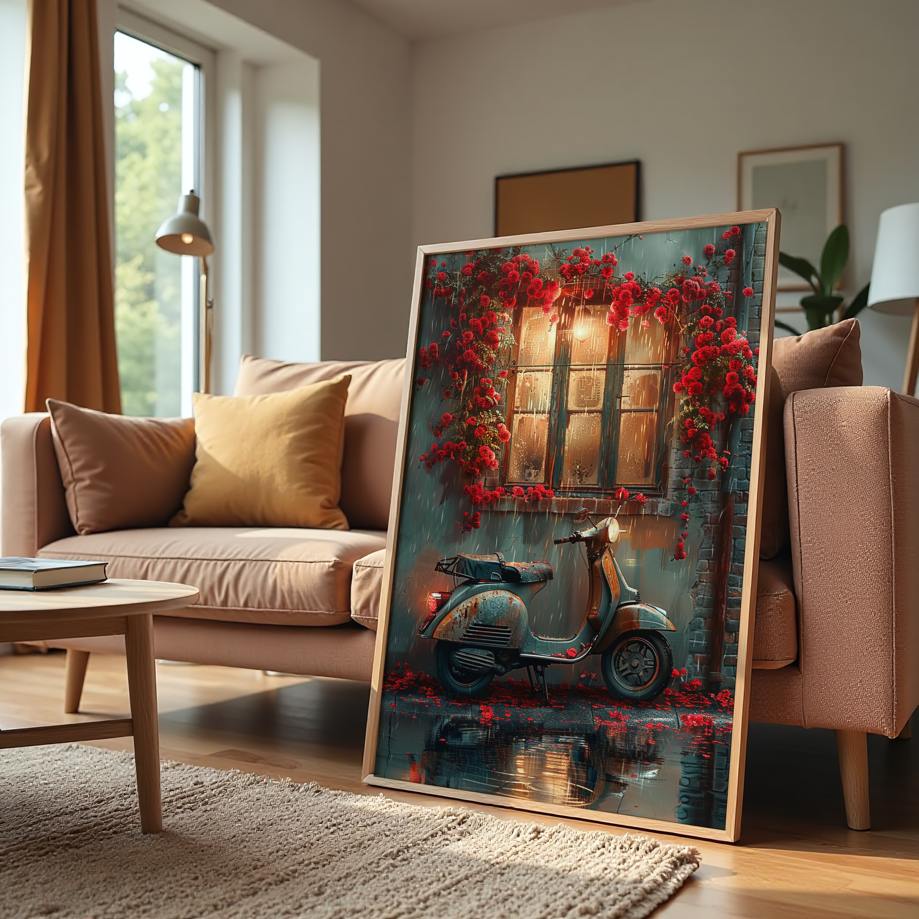 Romantic scooter by glowing window canvas wall art with roses