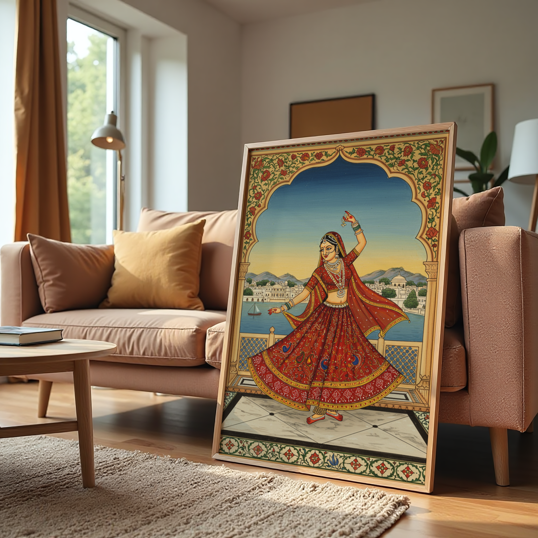 Rajasthani folk dancer painting in traditional red attire with palace background