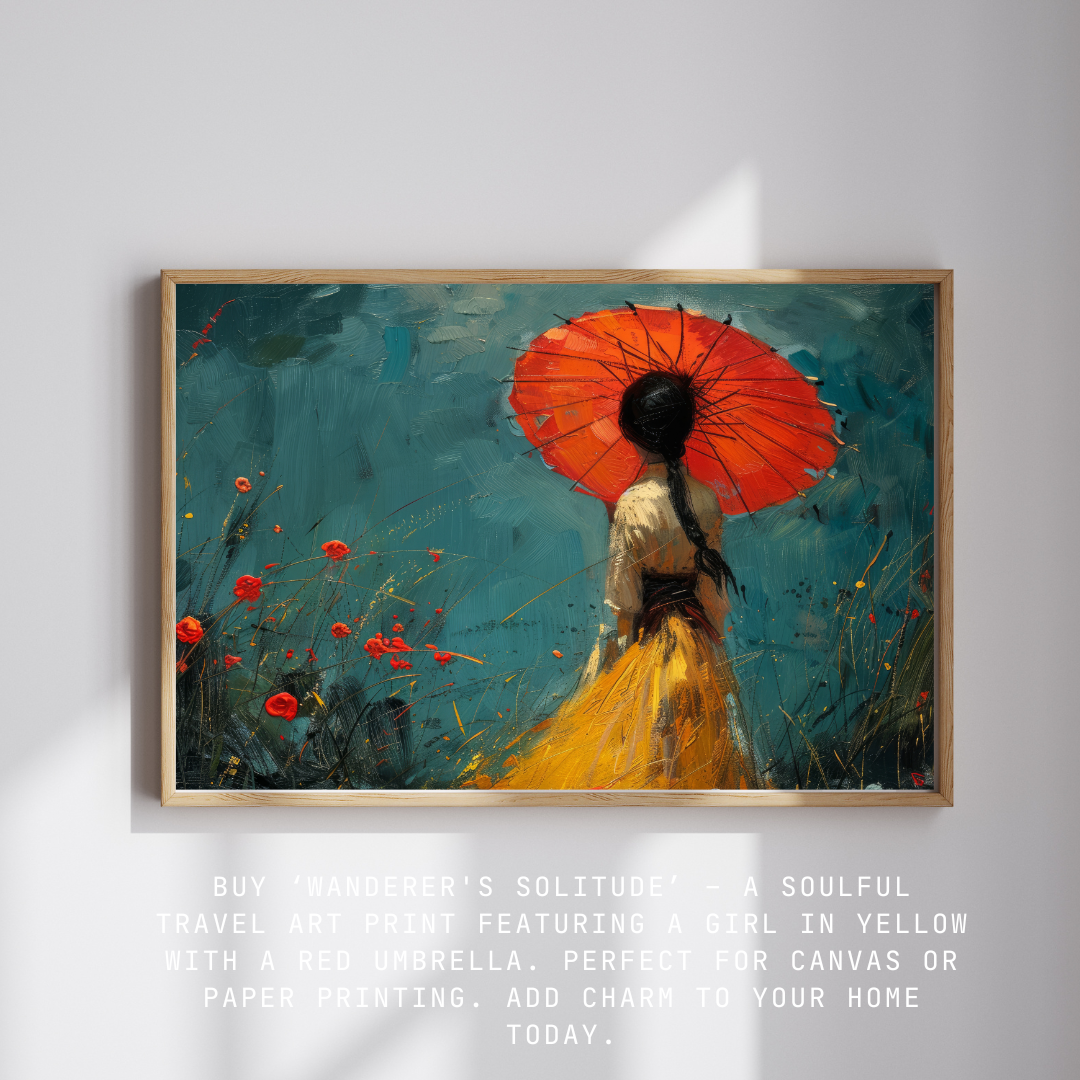 Travel wall art showing a girl with umbrella in yellow dress on teal background