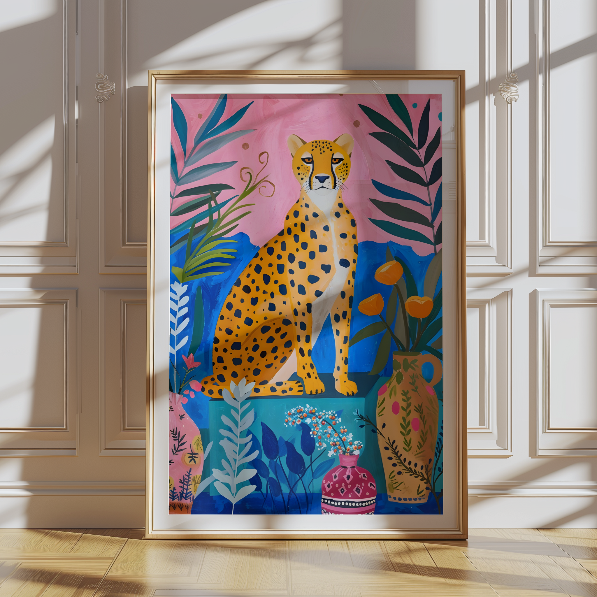  Cheetah sitting with jungle leaves and decorative vases in a boho style