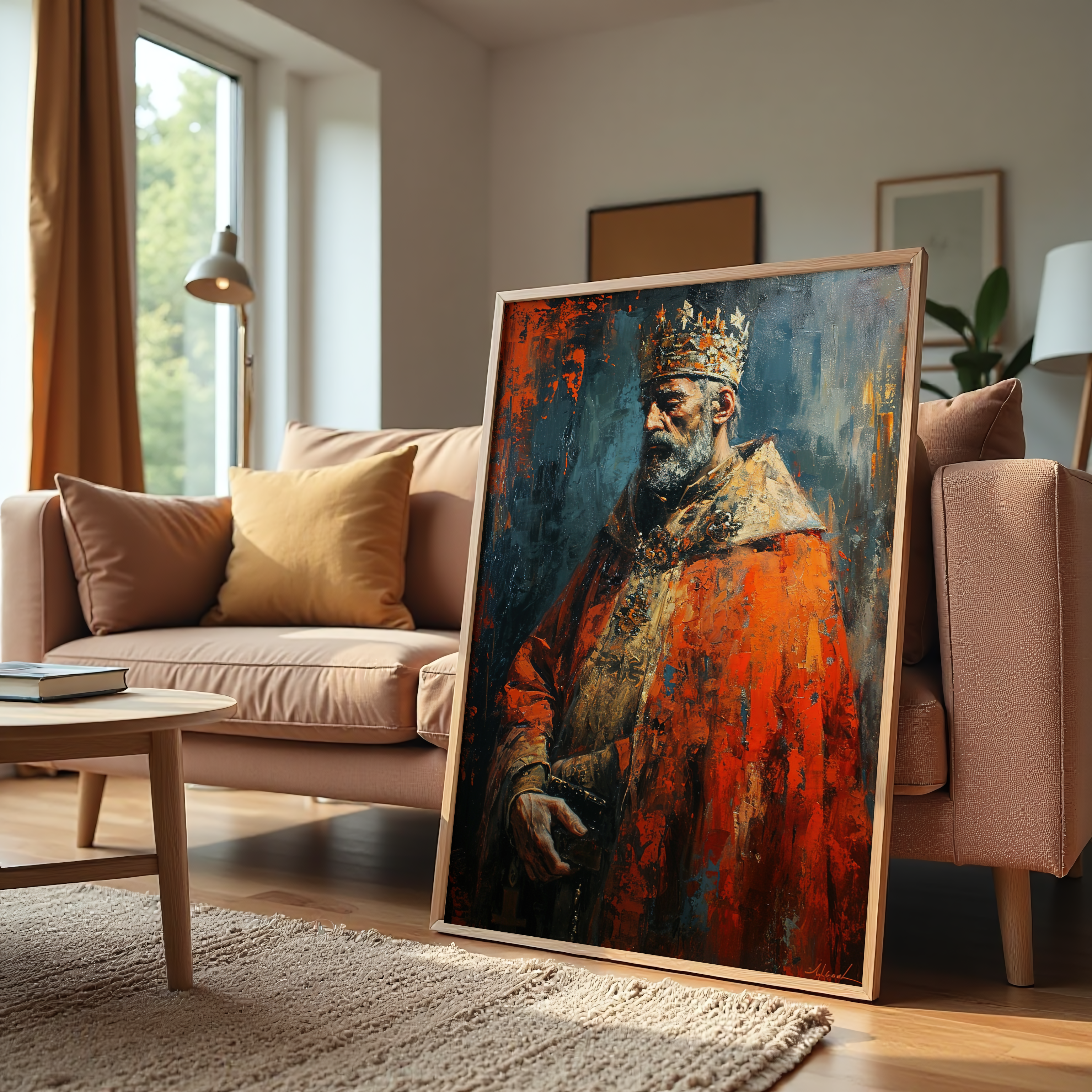 Royal King canvas wall art with majestic portrait in red and gold