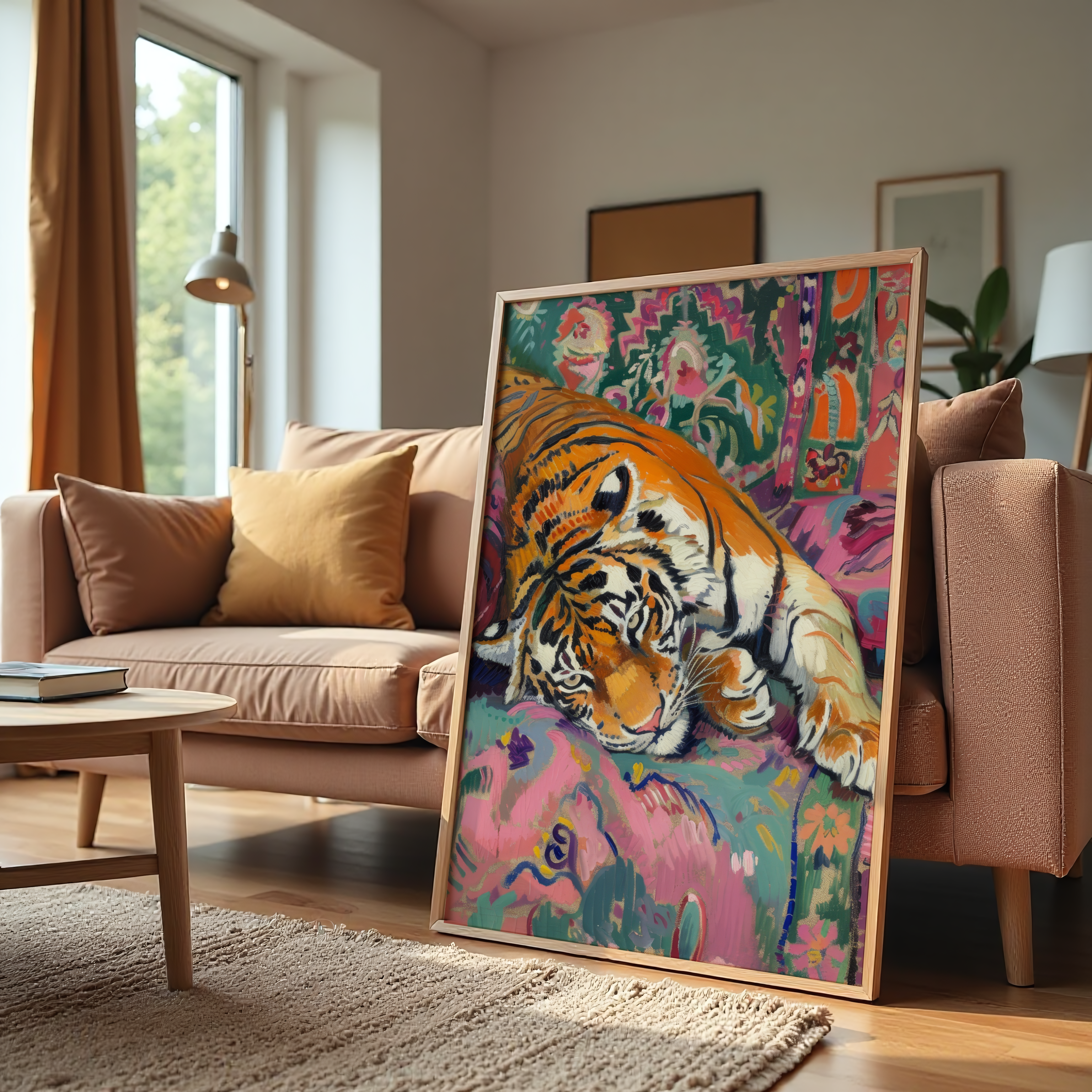 Tiger resting on a vibrant patterned sofa – abstract animal canvas wall art