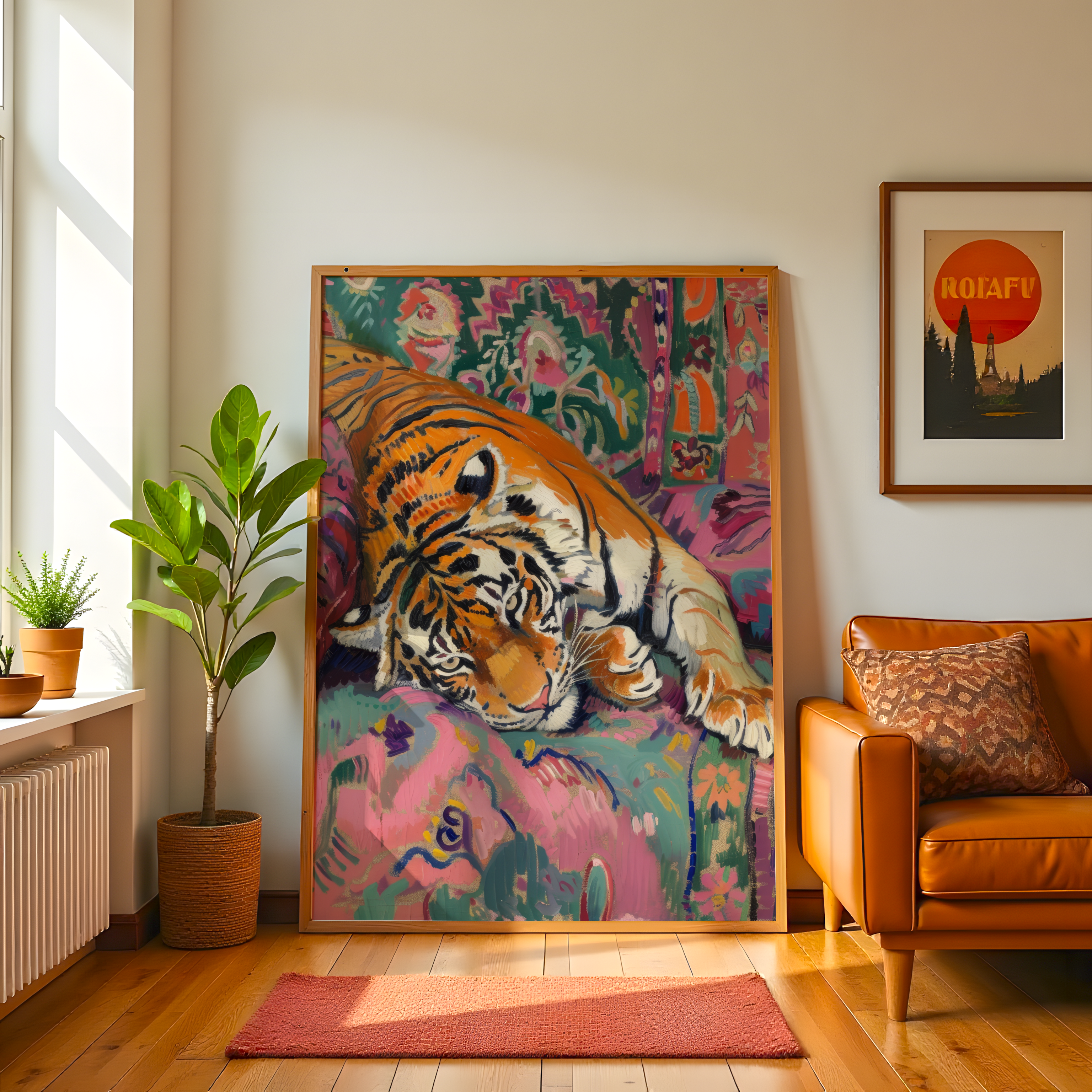 Regal Rest: Tiger on Patterned Sofa - Abstract Animal Canvas Wall Art
