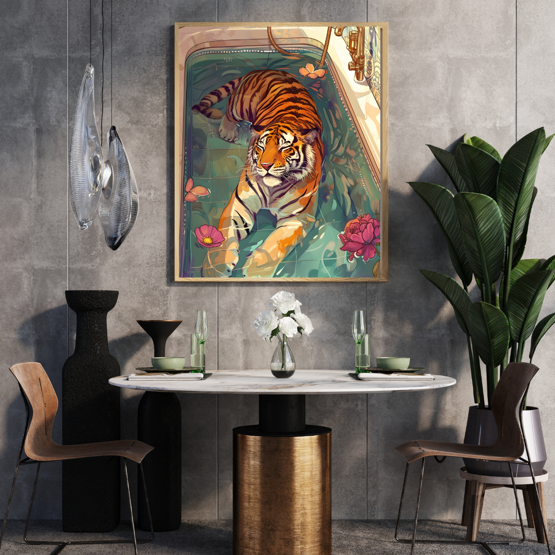 Relaxed Majesty – Illustrated Tiger in Bathtub Wall Art