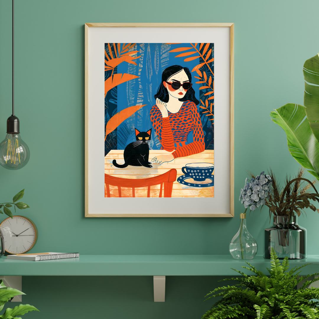 Colorful retro-style woman illustration with a cat and coffee – perfect for eclectic or boho interiors