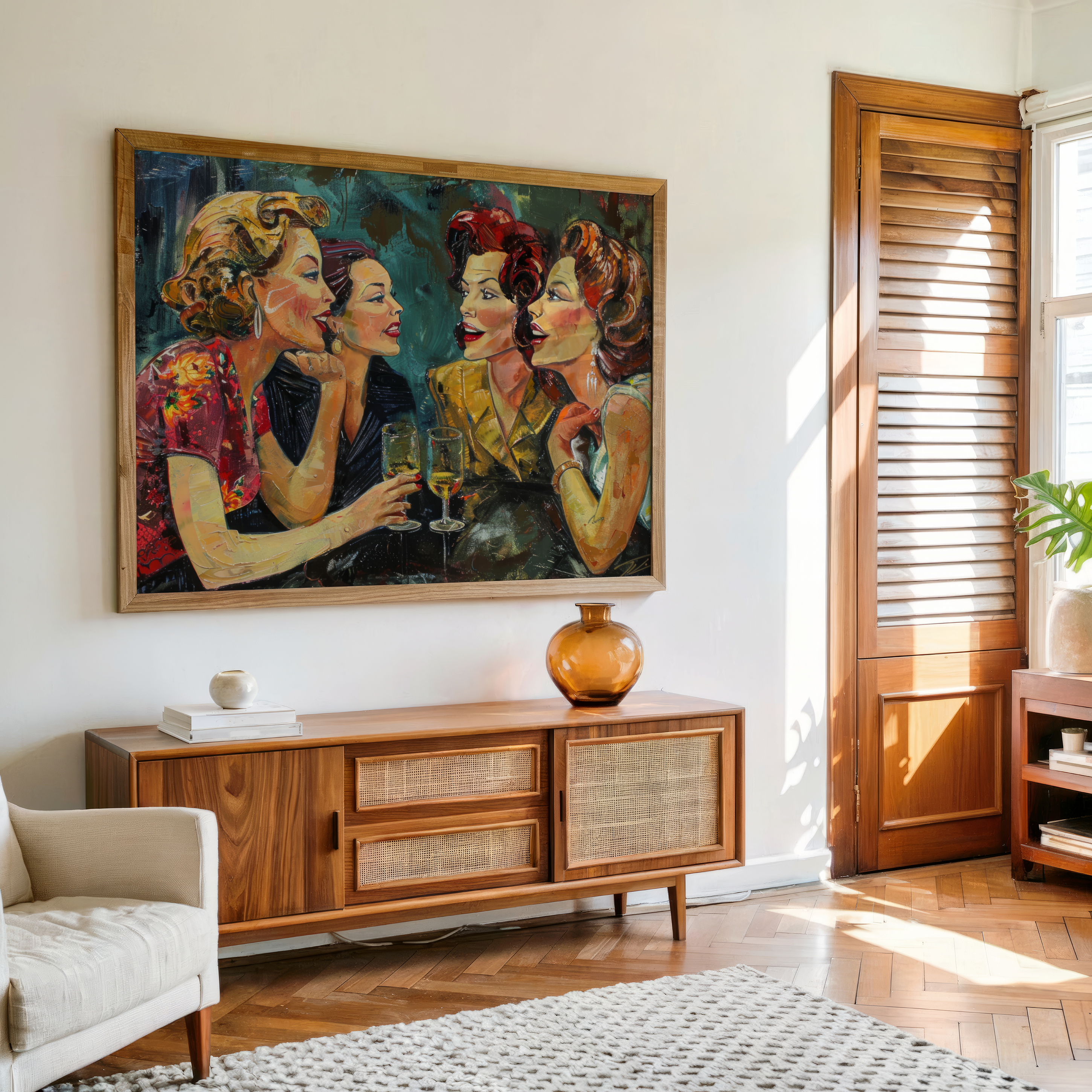 Retro glamour ladies enjoying wine – vintage conversation painting for wall décor, elegant canvas wall art by Ohhfo