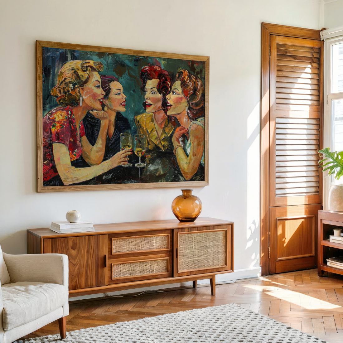 Retro glamour ladies enjoying wine – vintage conversation painting for wall décor, elegant canvas wall art by Ohhfo