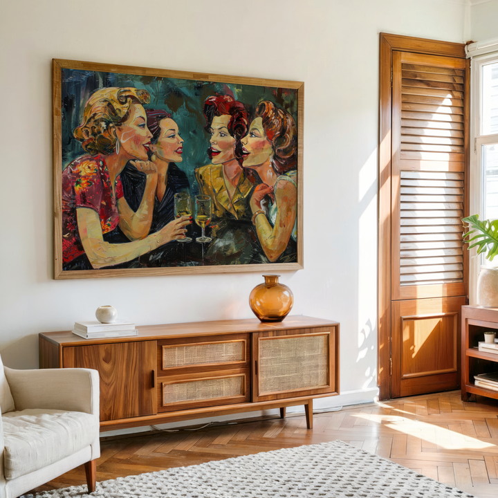 Retro glamour ladies enjoying wine – vintage conversation painting for wall décor, elegant canvas wall art by Ohhfo