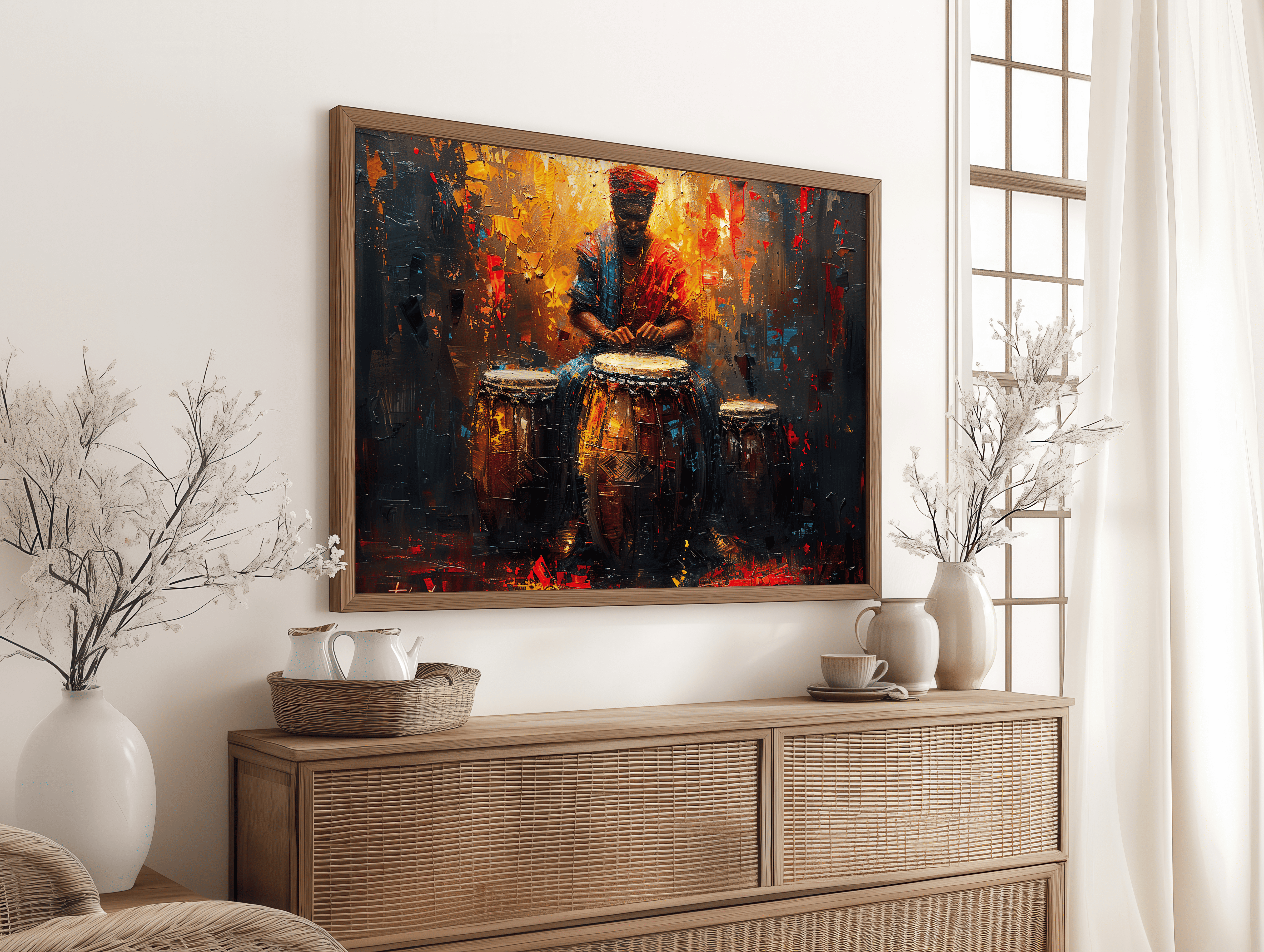 Powerful tribal drum player canvas wall art expressing rhythm energy and passion in abstract style