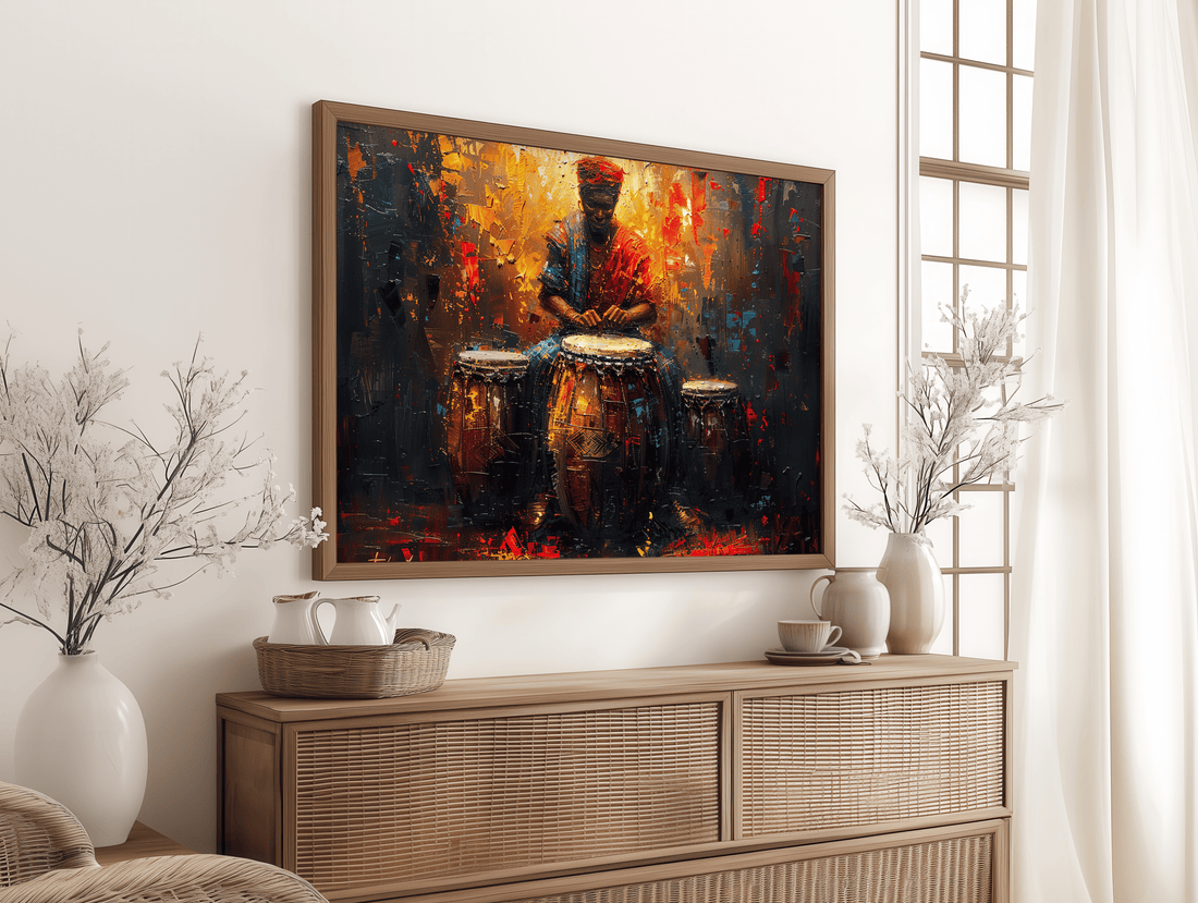Powerful tribal drum player canvas wall art expressing rhythm energy and passion in abstract style