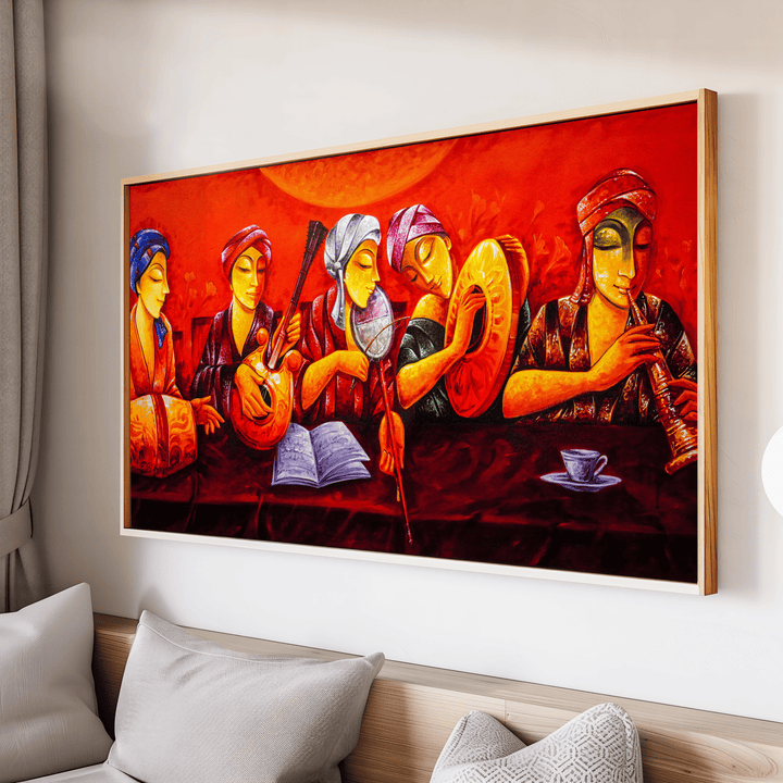 Abstract folk musicians playing traditional instruments wall art
