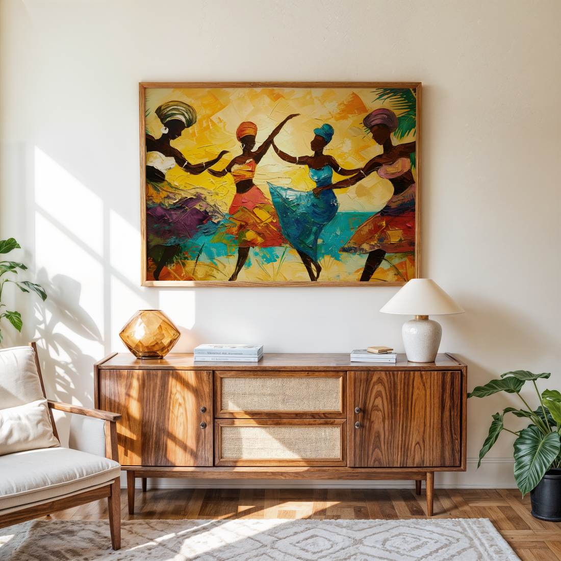 Vibrant textured painting of African women dancing in colorful dresses with tropical background