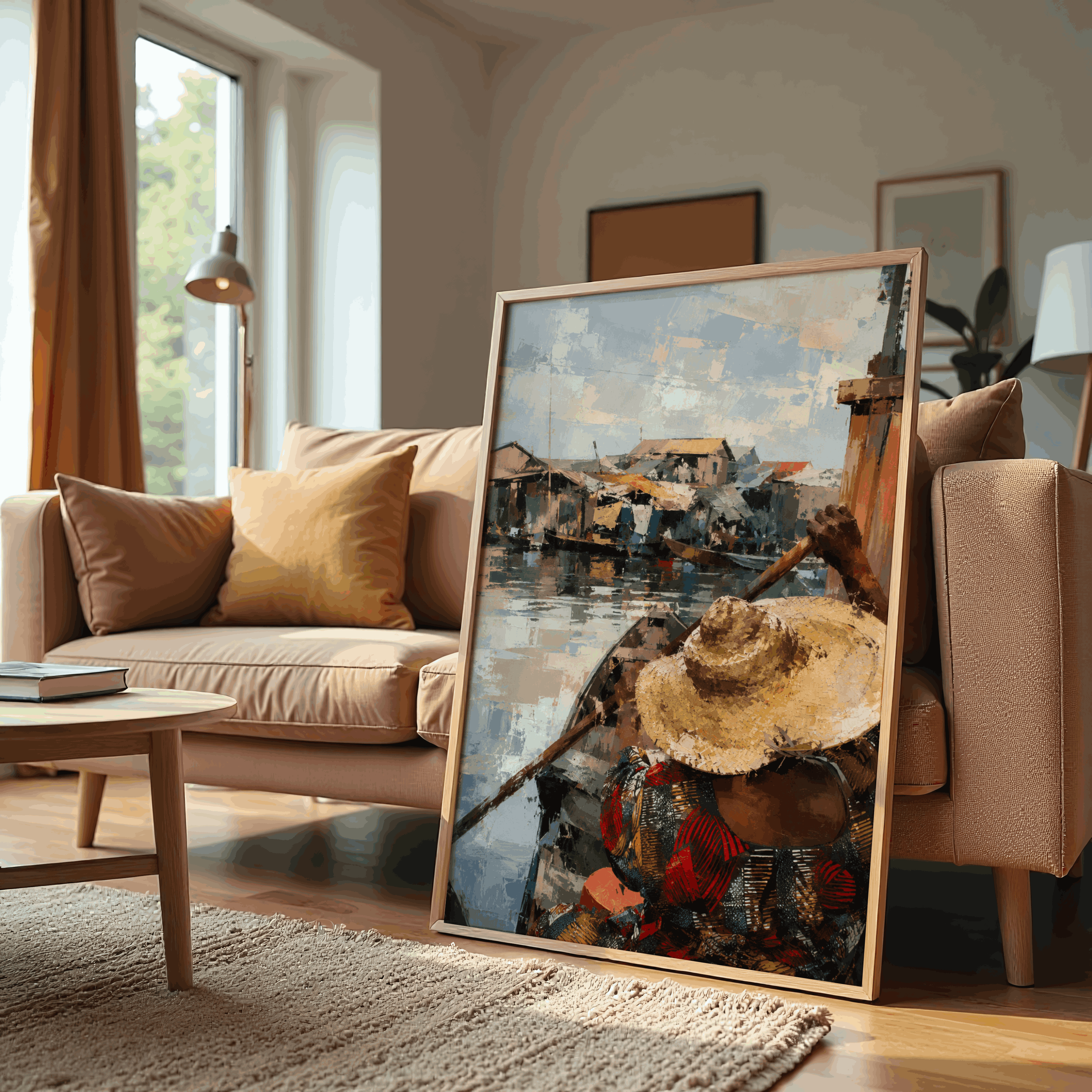 River Boatman Canvas Wall Art – Impressionist Village Portrait Painting