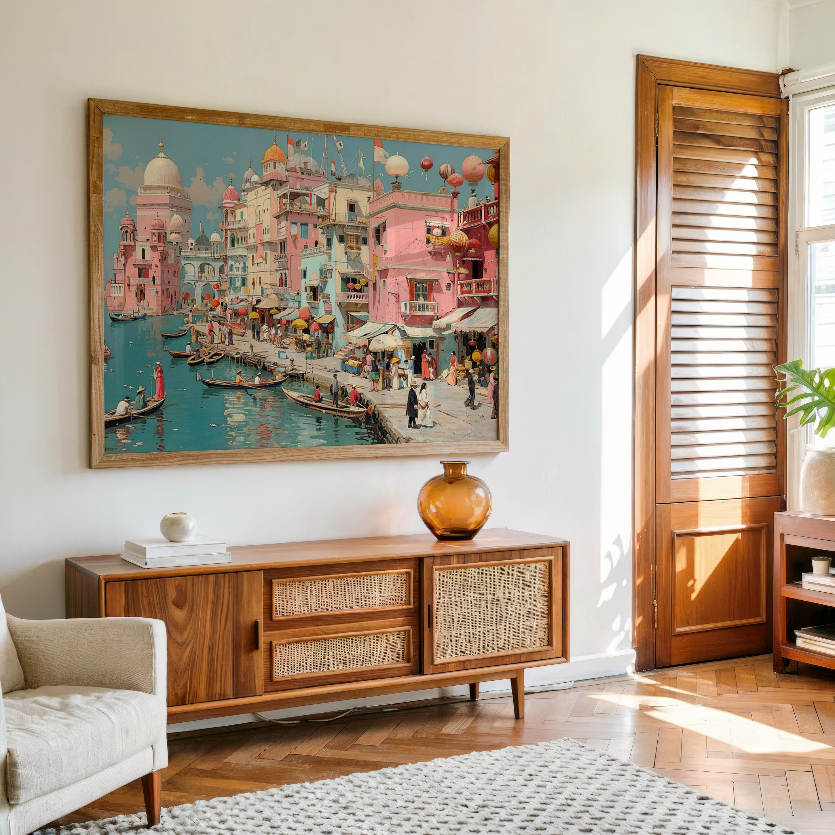 Canvas wall art of vibrant riverside pink city with boats, domes, and market scene