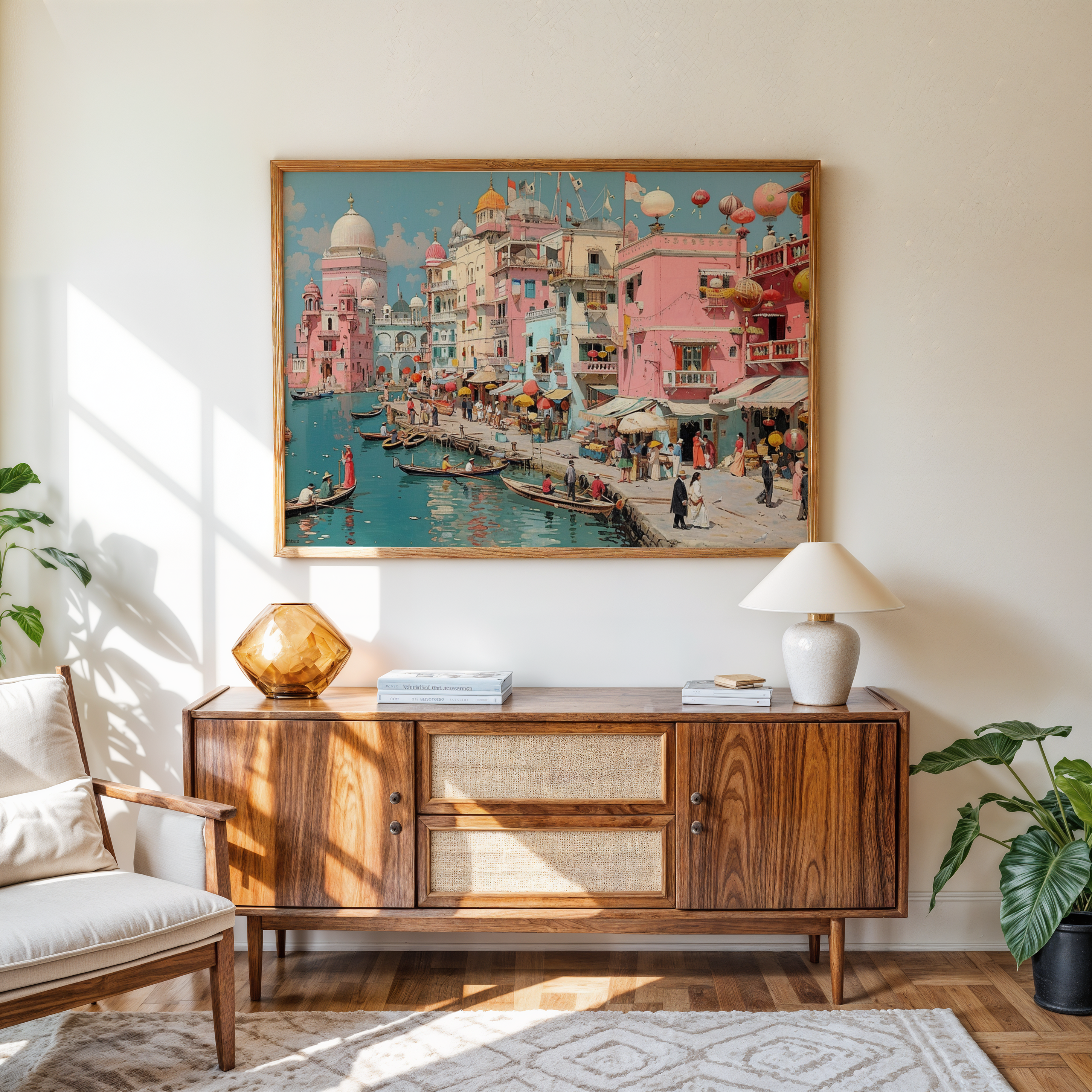 Living room with wooden sideboard, lamp, and painting of a colorful cityscape.