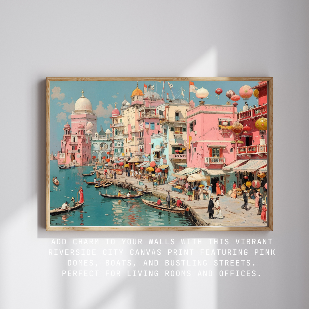 Framed artwork of a vibrant riverside city scene with colorful buildings and boats on a gray wall.