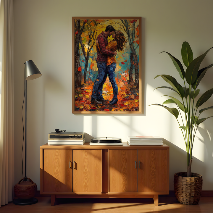 Romantic couple kissing in autumn forest canvas wall art