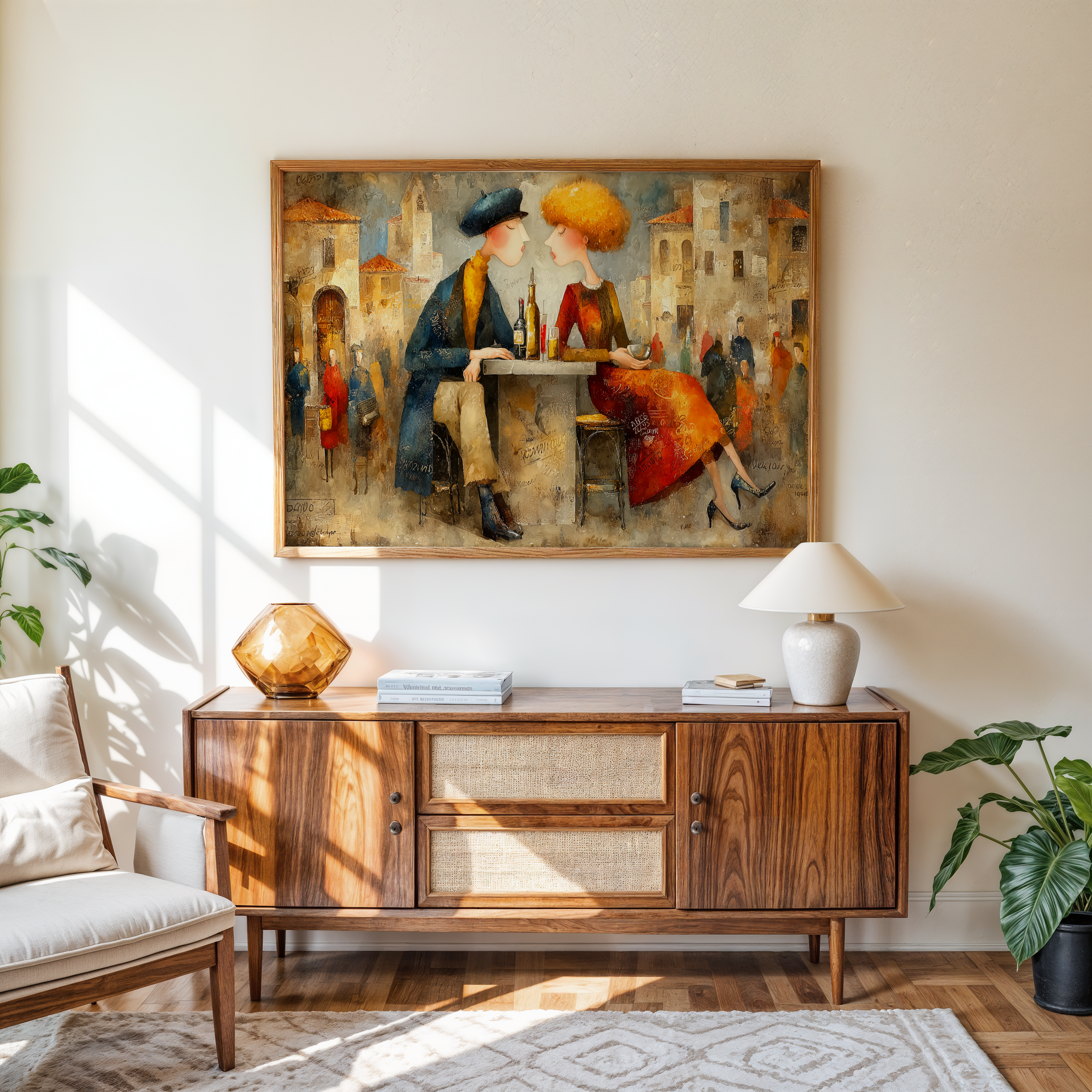 Wooden sideboard with decorative items in a room with a large painting on the wall.