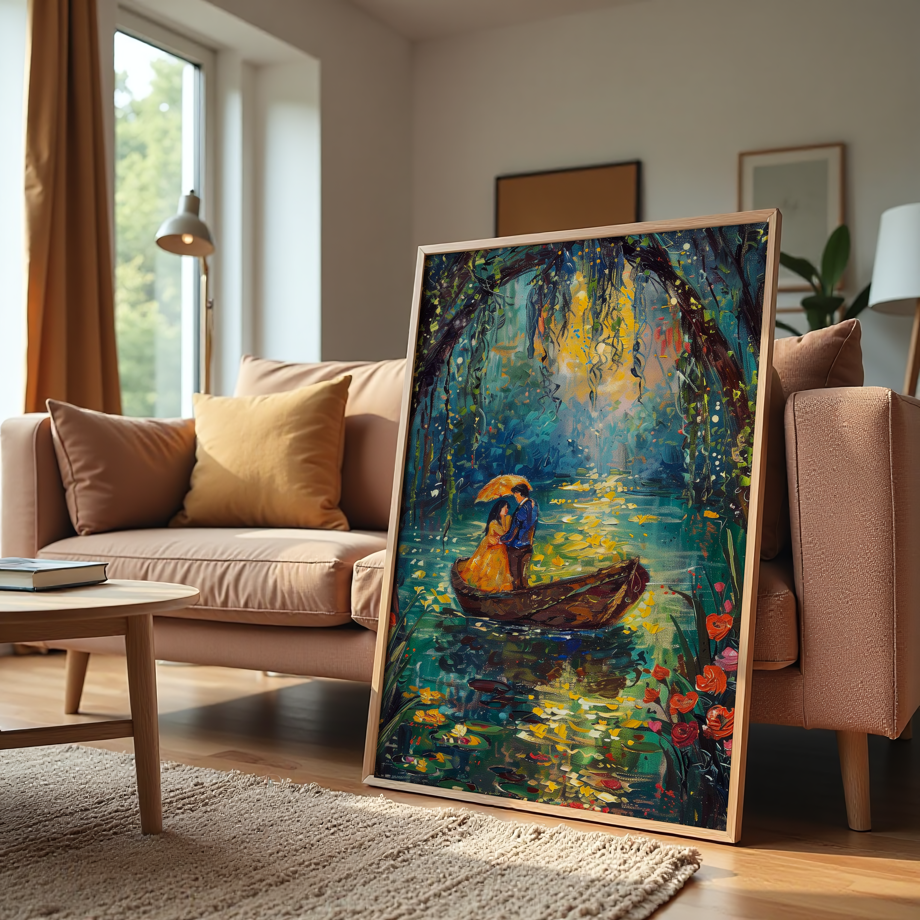 Romantic couple in boat holding umbrella under moonlight – love-inspired canvas wall art