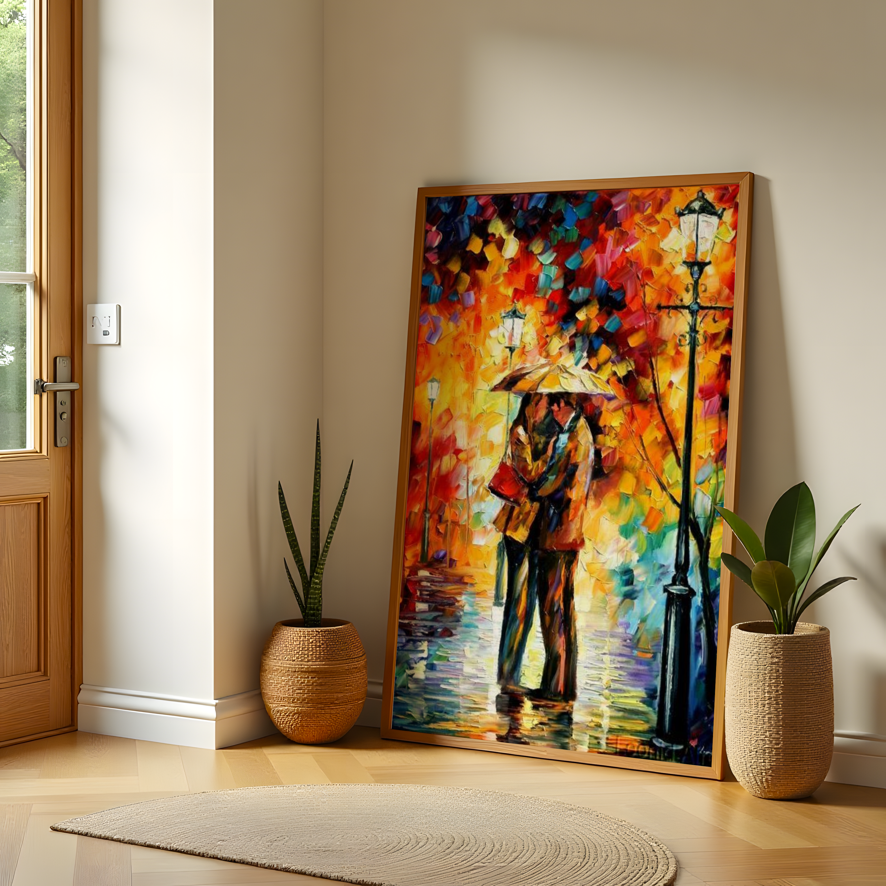 Romantic couple kissing under an umbrella in the rain – colorful painting