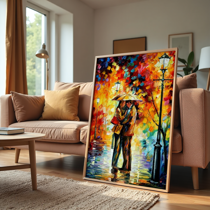 Vibrant romantic canvas wall art with glowing street lamps