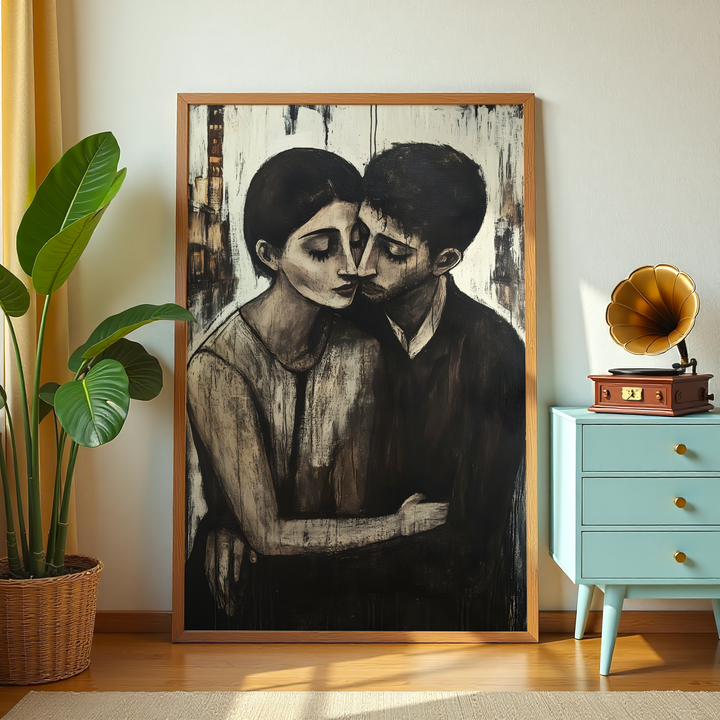 Romantic couple love canvas wall decor with expressive textured abstract painting style