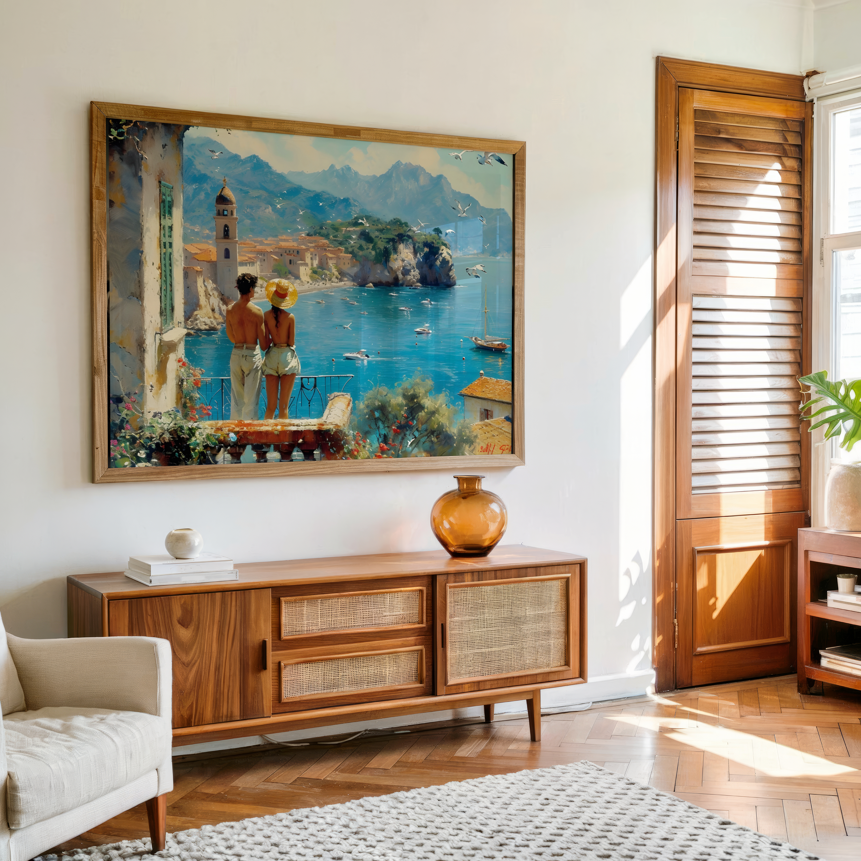 Romantic couple admiring a Mediterranean seaside painting on canvas in a cozy living room
