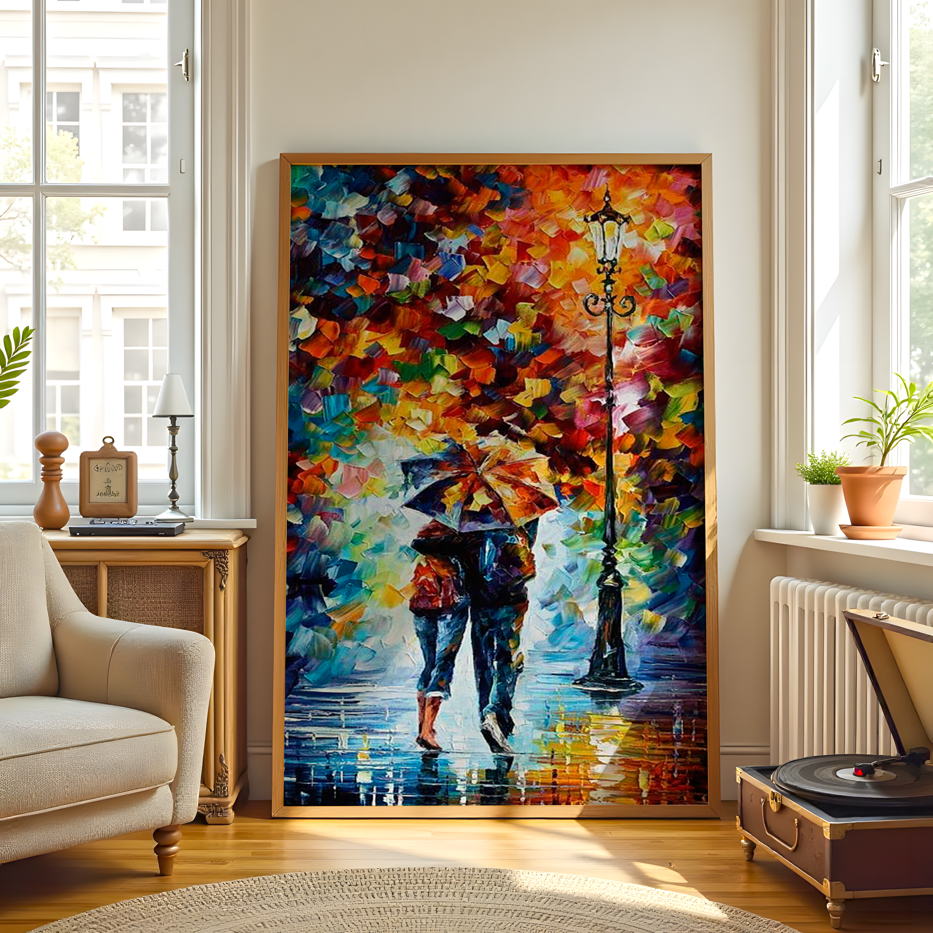 Colorful abstract painting of a couple under an umbrella in a living room.