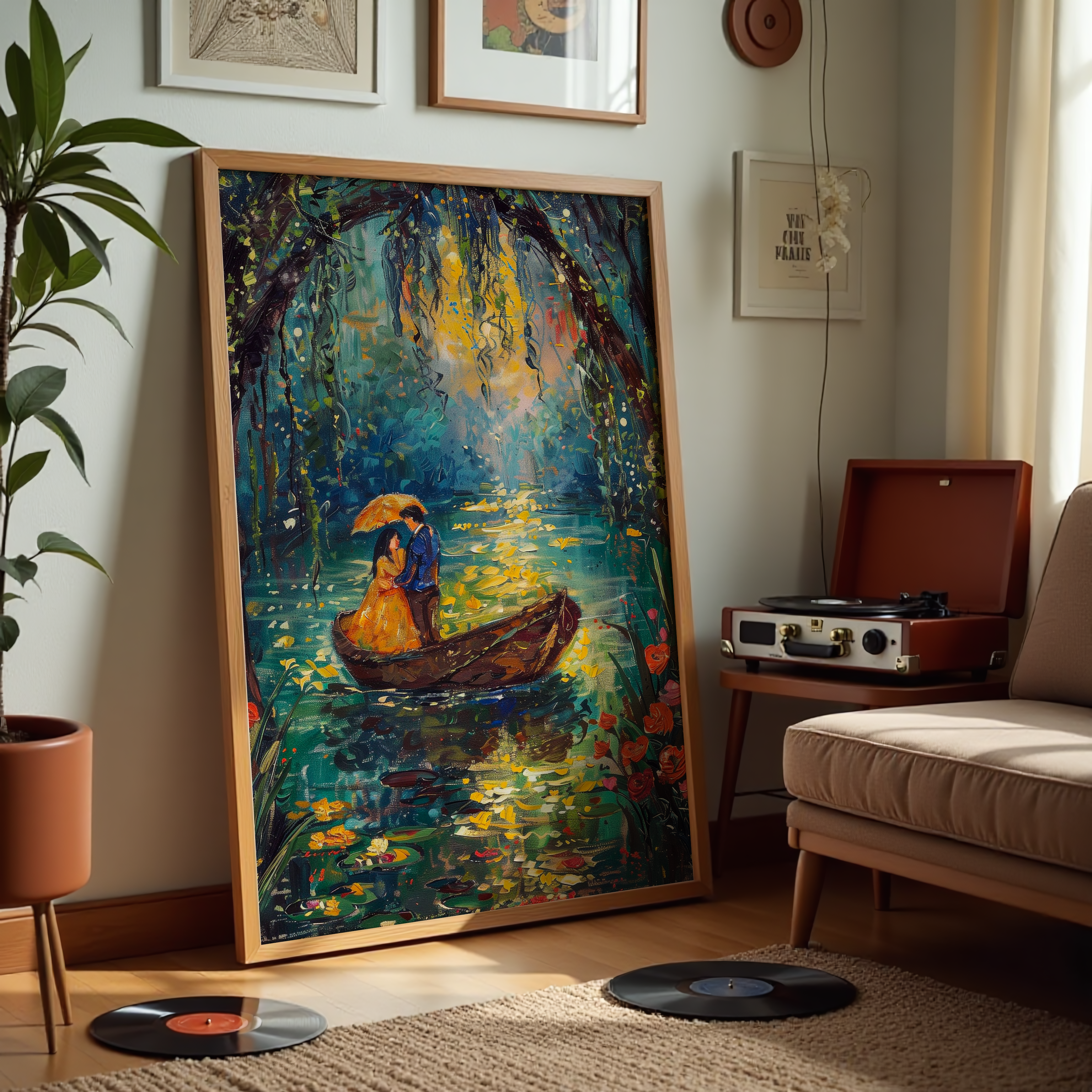 Framed painting of a couple in a boat under an arch in a cozy living room.