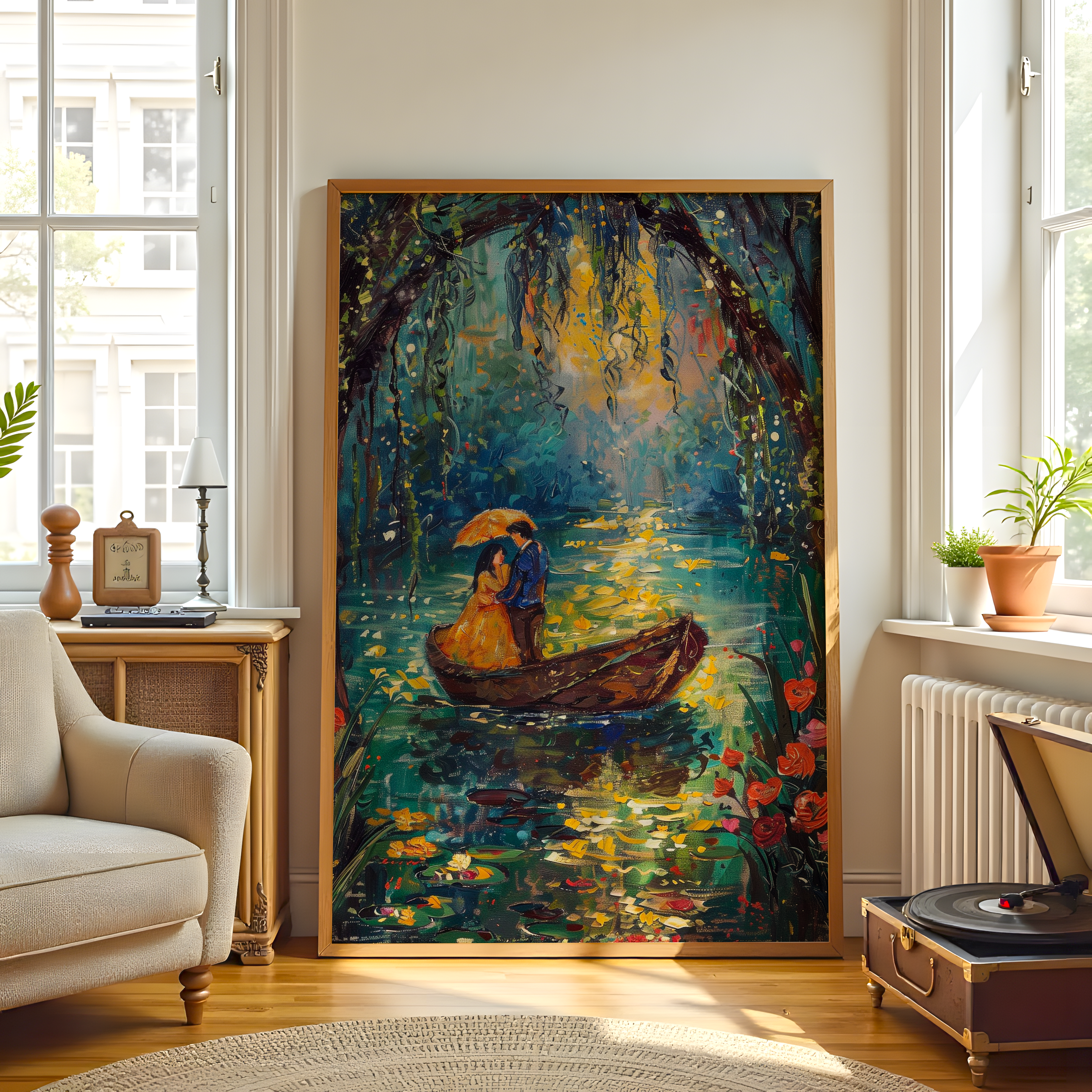 Framed painting of a couple in a boat under a willow tree in a living room.
