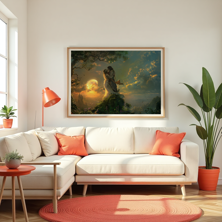 Moonlight-themed painting with romantic couple, ideal for modern interiors and hospitality spaces