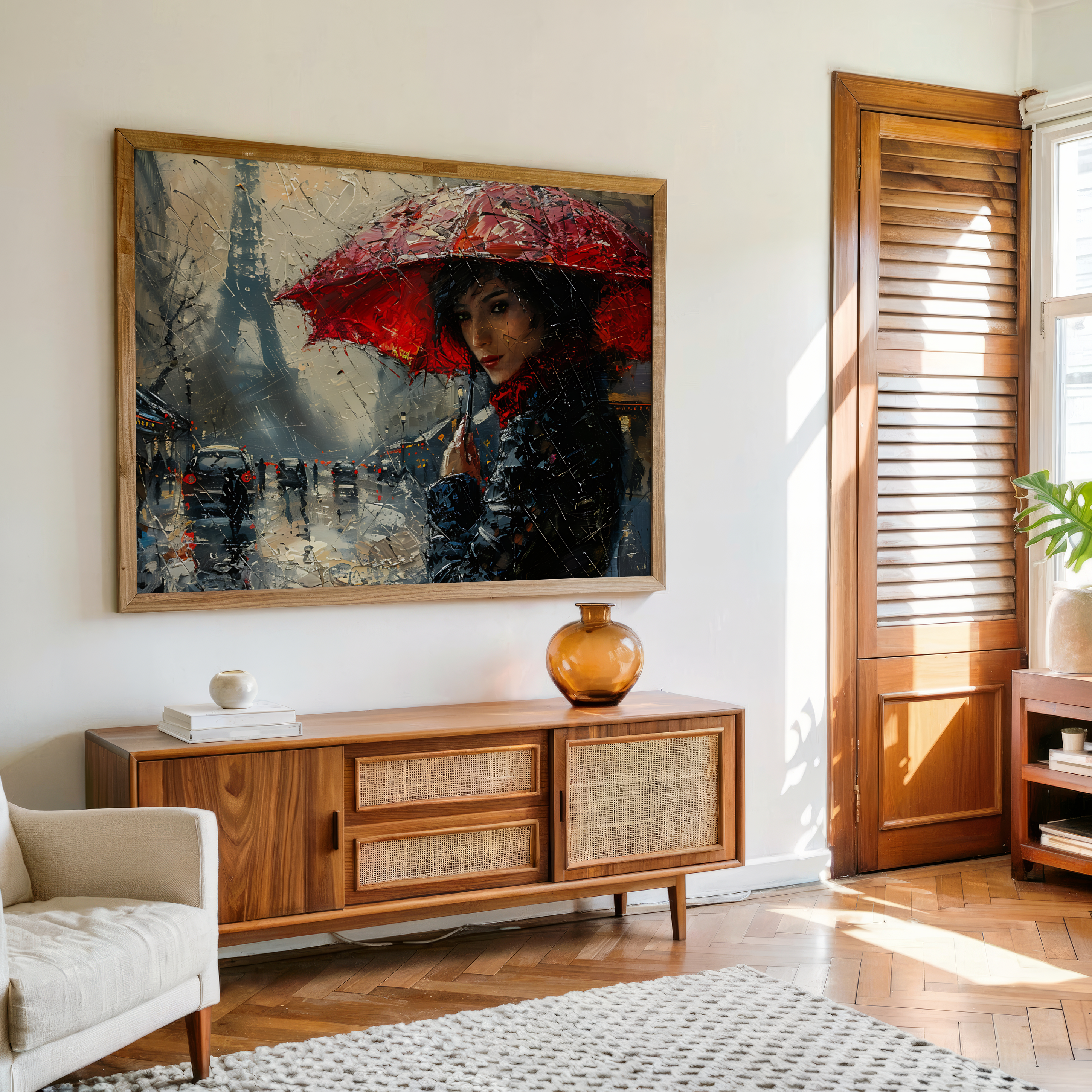 Romantic Paris rainy day painting with Eiffel Tower in background