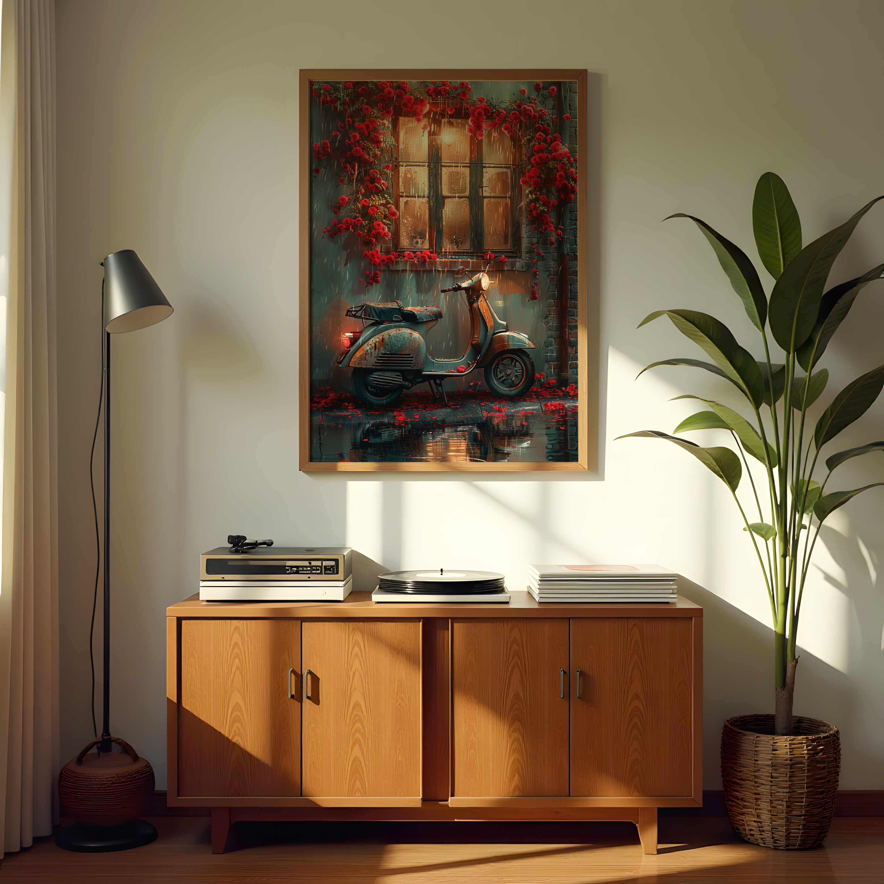 Vintage scooter in rain framed painting for cozy home décor