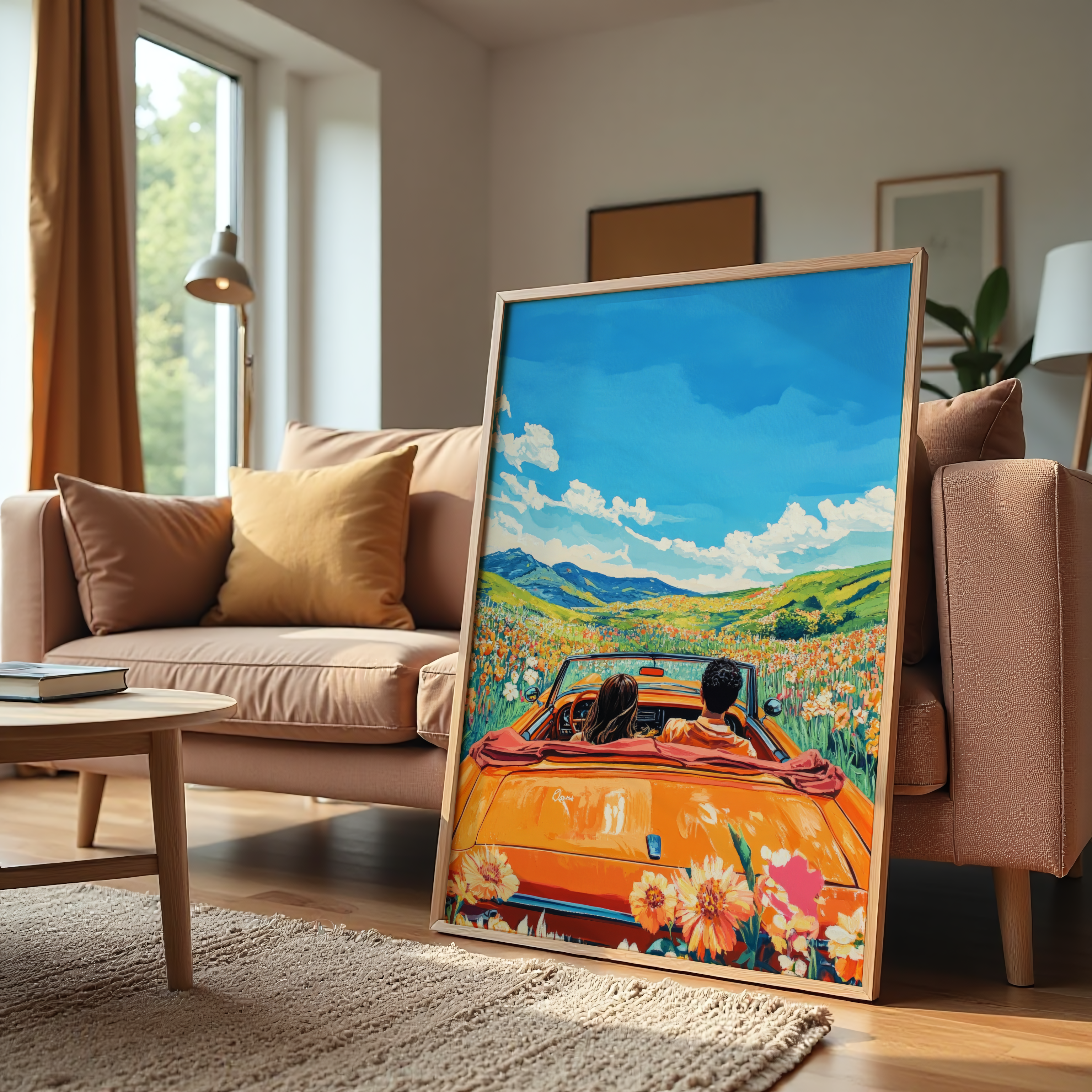 Couple driving convertible through flower fields canvas wall art