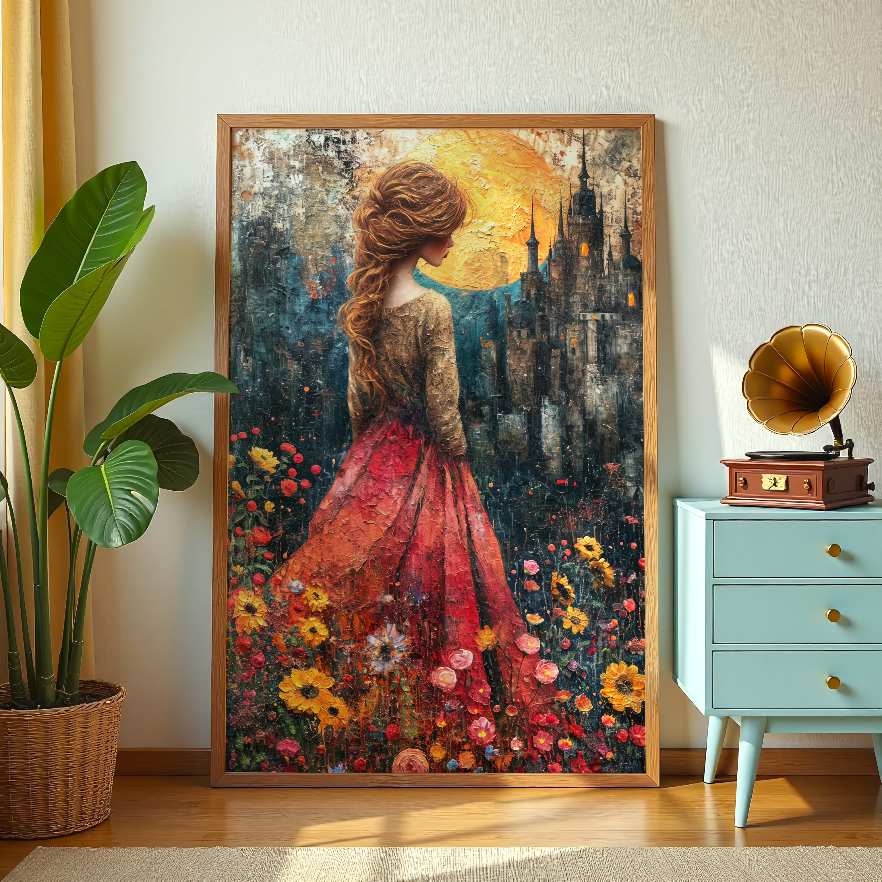 Romantic fantasy girl canvas art with flowing red dress and floral surroundings