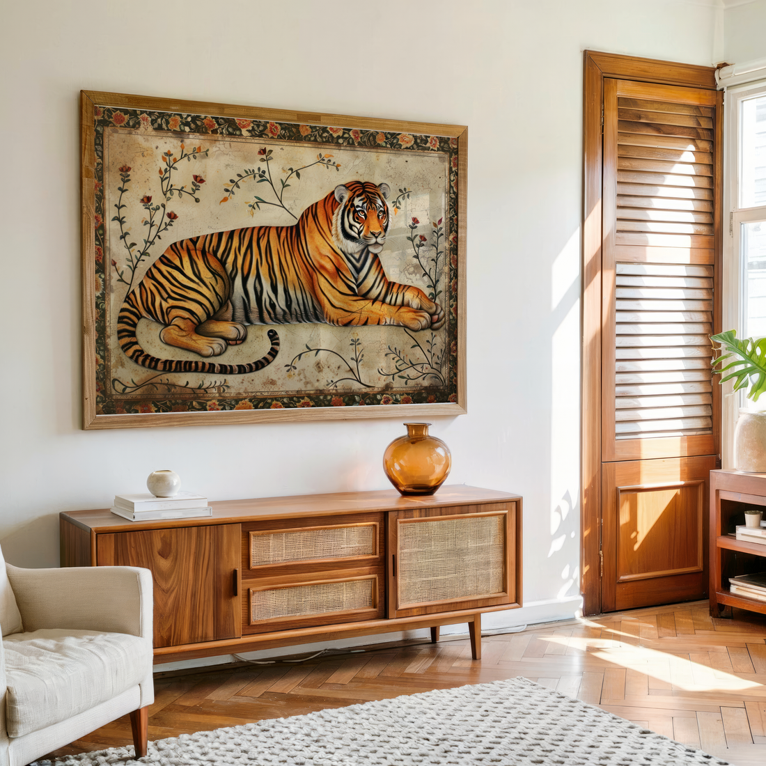 Royal Bengal tiger vintage wildlife wall art with floral details