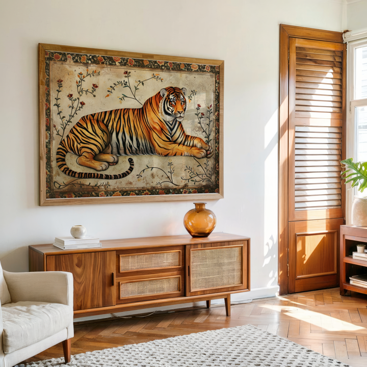 Royal Bengal tiger vintage wildlife wall art with floral details