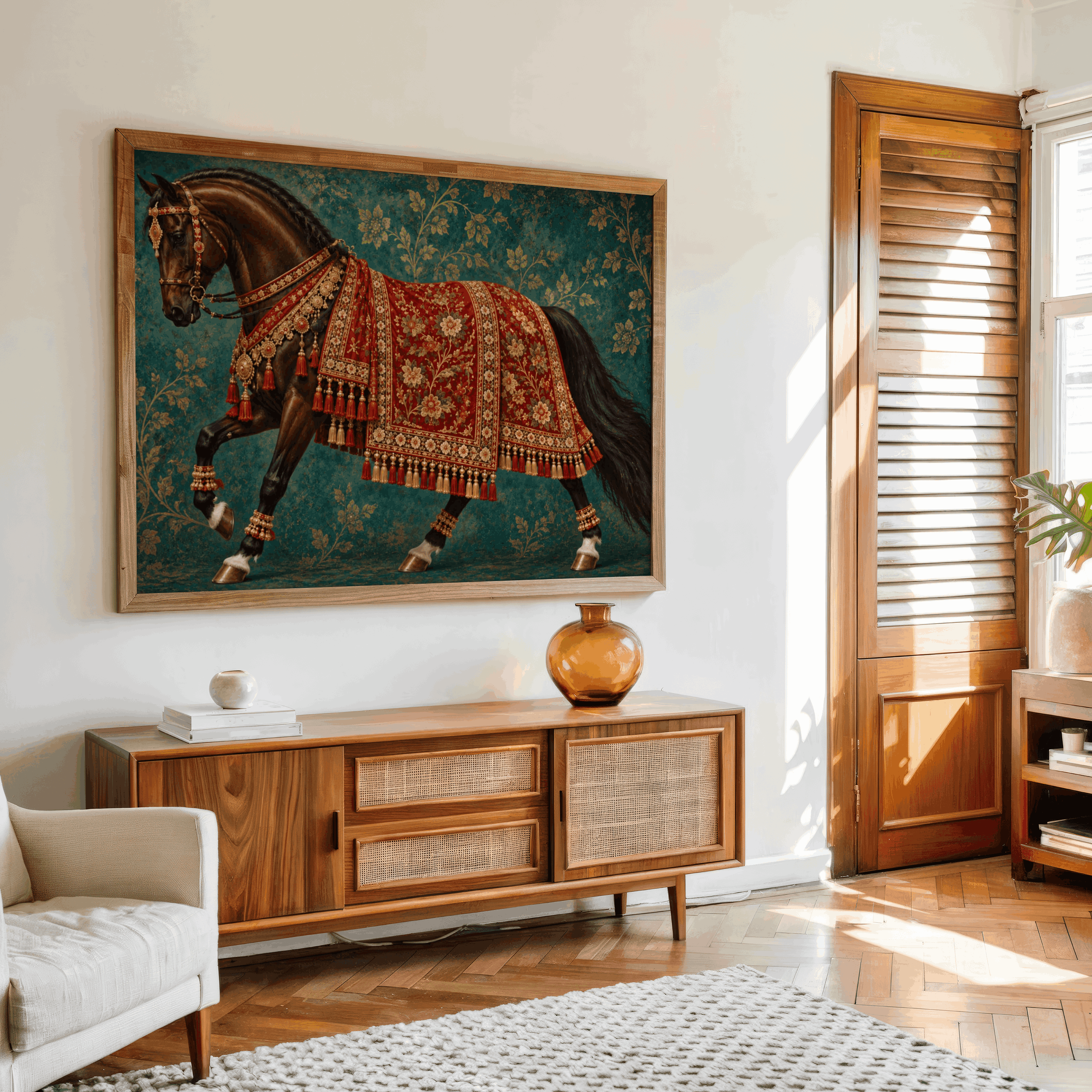Royal Indian horse with red and gold embroidered decorations against a teal floral background